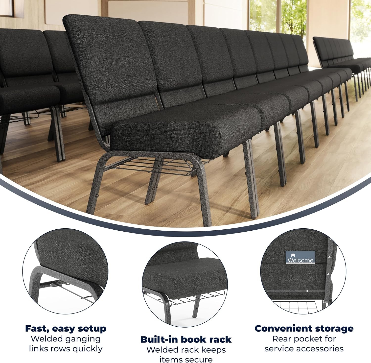 Flash Furniture HERCULES Series 21''W Church Chair in Dark Gray Fabric with Book Rack - Silver Vein Frame
