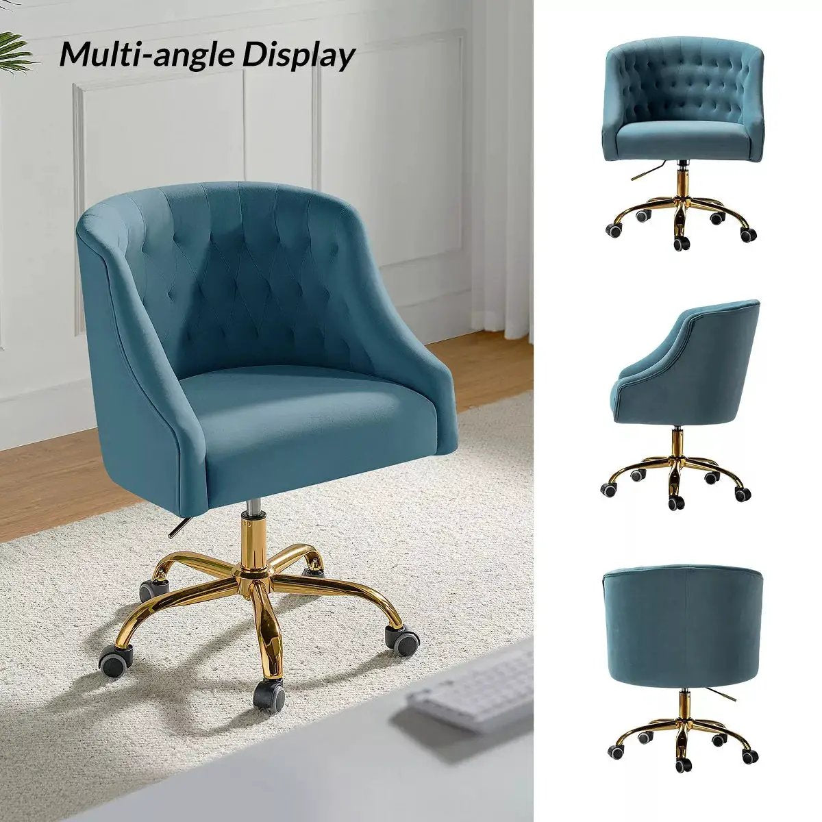 Anika Modern Velvet Height-Adjustable Swivel Task Office Chair with Button-Tufted Back and Gold Base | Karat Home