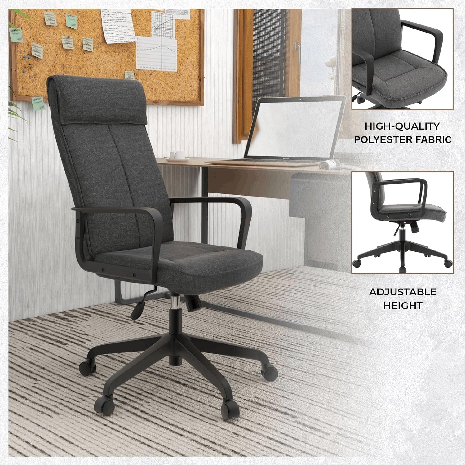 Leisuremod Ergonomic Office Chair High-Back Polyester Adjustable Height Swivel and Tilt with Double Wheel Casters Aiaria Collection in Charcoal