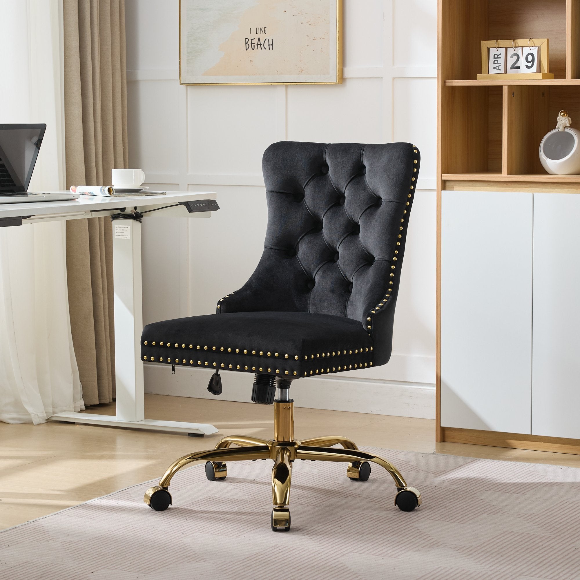 Black Velvet Tufted Office Chair, A&A Furniture Modern Swivel Desk Chair with Golden Metal Base and Nailhead Trim - Platinum-Level Office Chairs