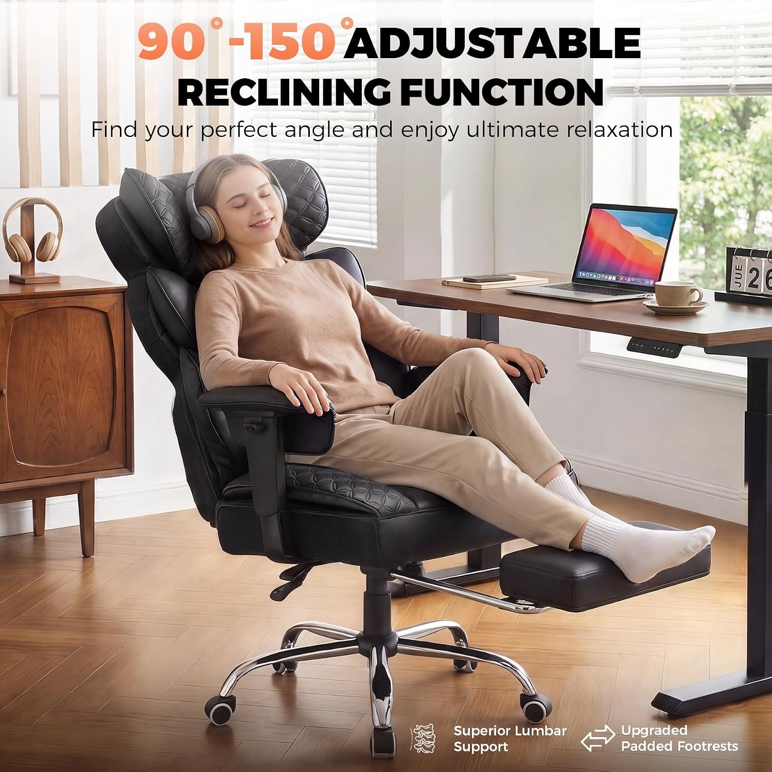 COMHOMA Big and Tall Office Chair with Upgrade Footrest, Heavy Duty Gaming Chair High Back Executive Chair with Spring Lumbar Support for Lower Back Pain Relief, 150°Reclining Adjustable Armrests