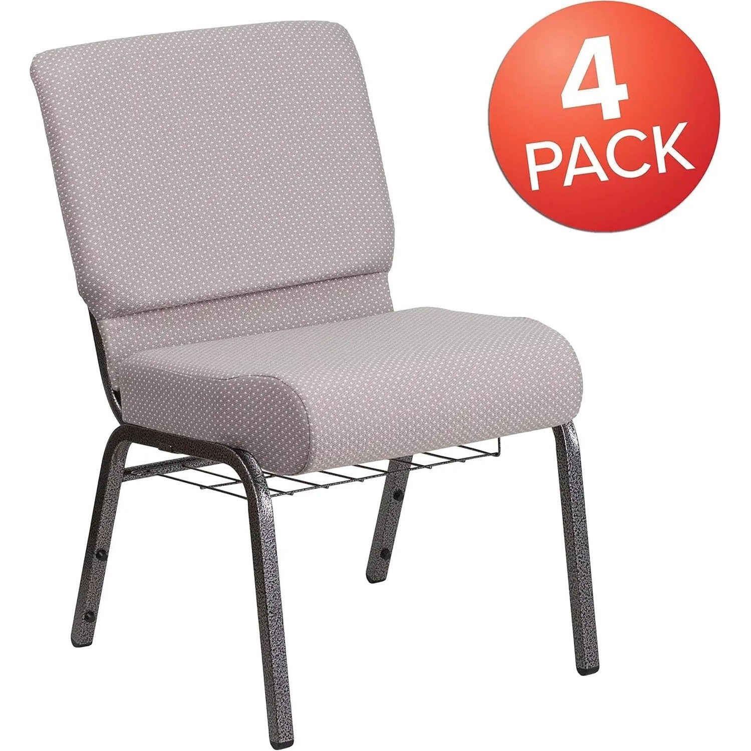 Flash Furniture 4 Pack HERCULES Series 21''W Church Chair in Gray Dot Fabric with Book Rack - Silver Vein Frame by 5 years limited.