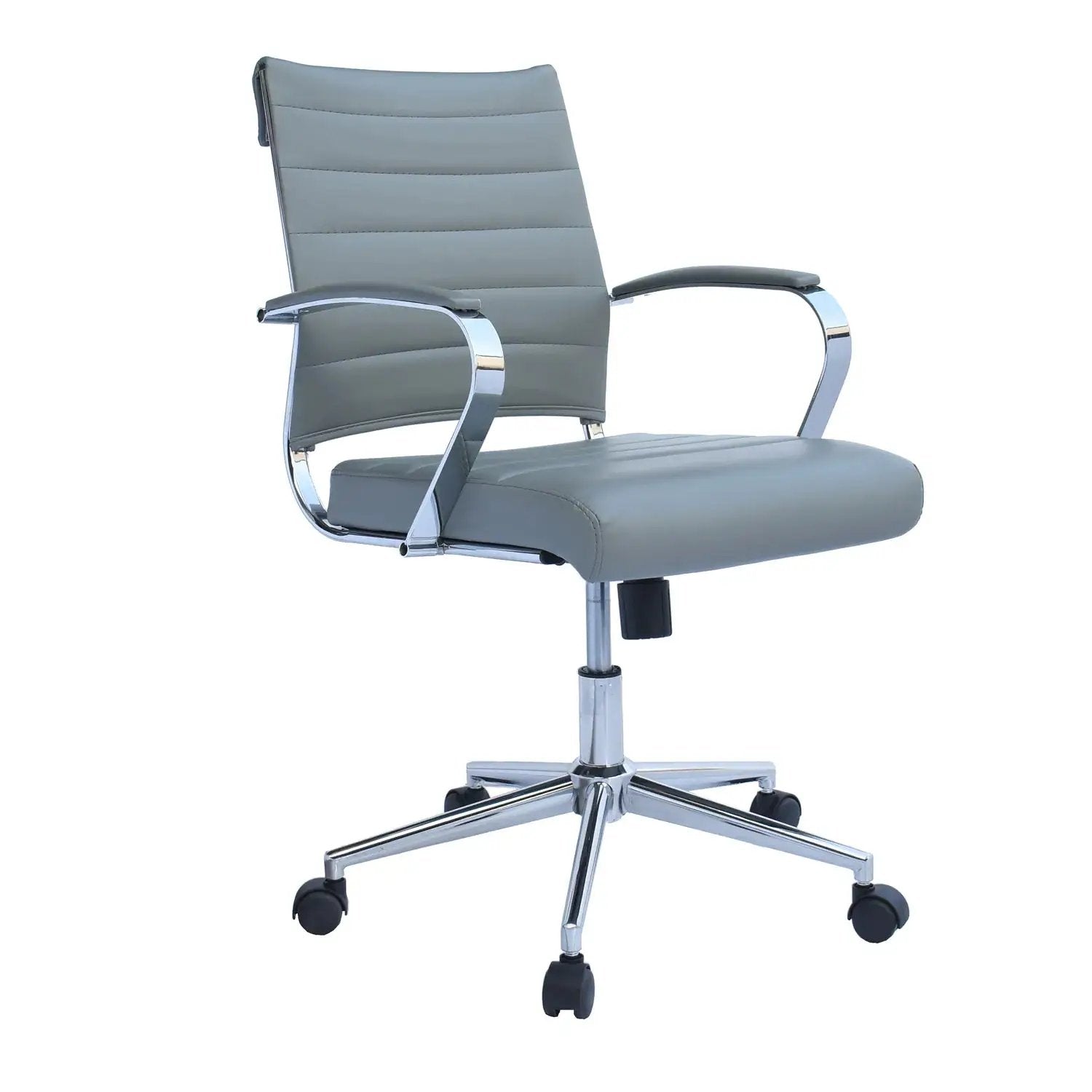 Black Office Chairs Mid Back Ribbed PU Leather Executive Task Work Conference with Arms Wheels Tilt Swivel Rolling