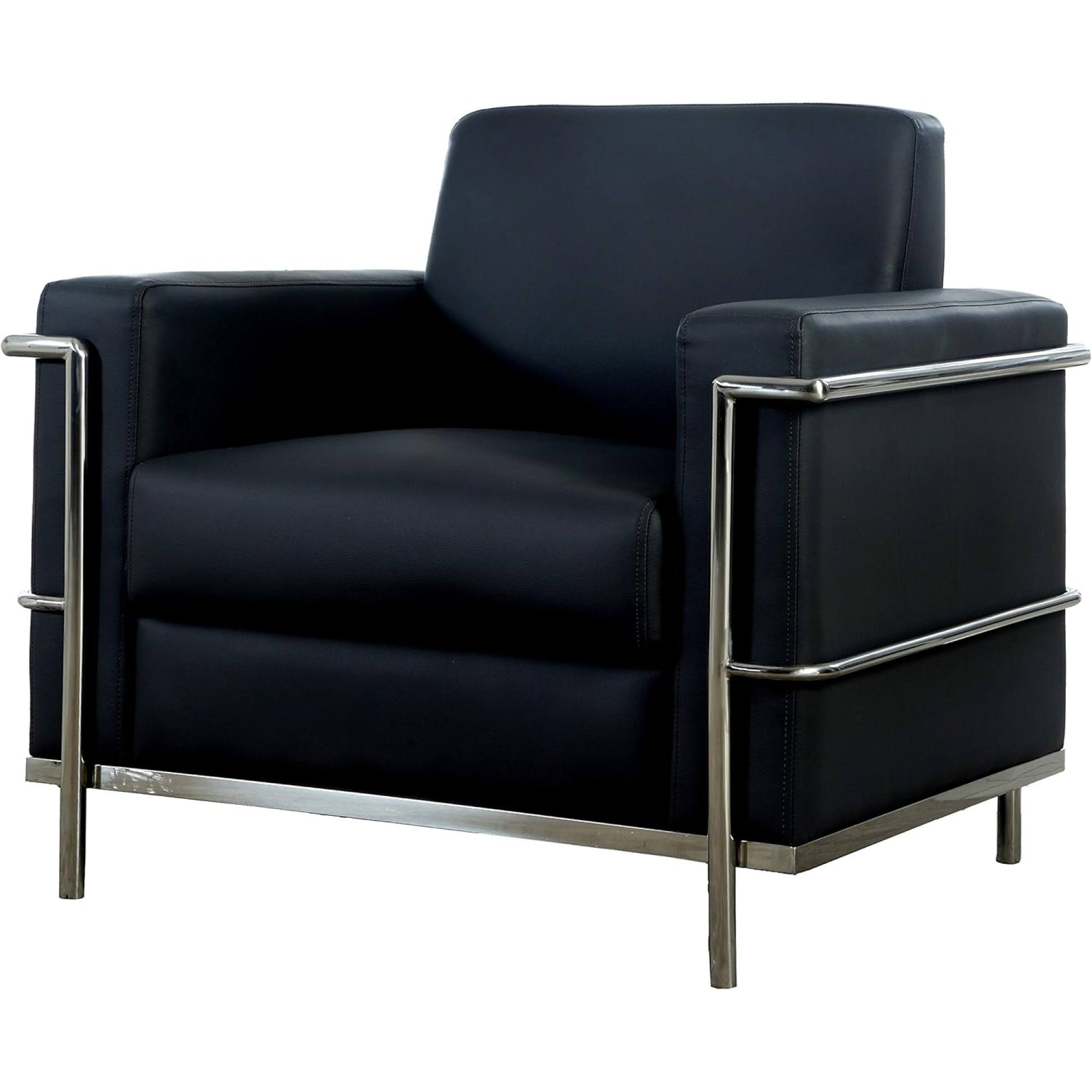 Black Faux Leather Accent Club Chair with Chrome Frame - front angle view on white background