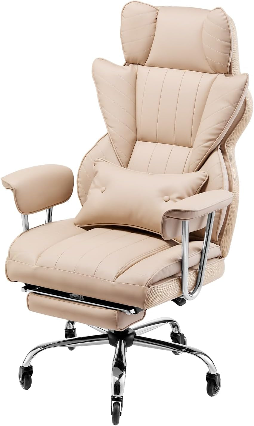 Brown PU leather executive reclining office chair with footrest