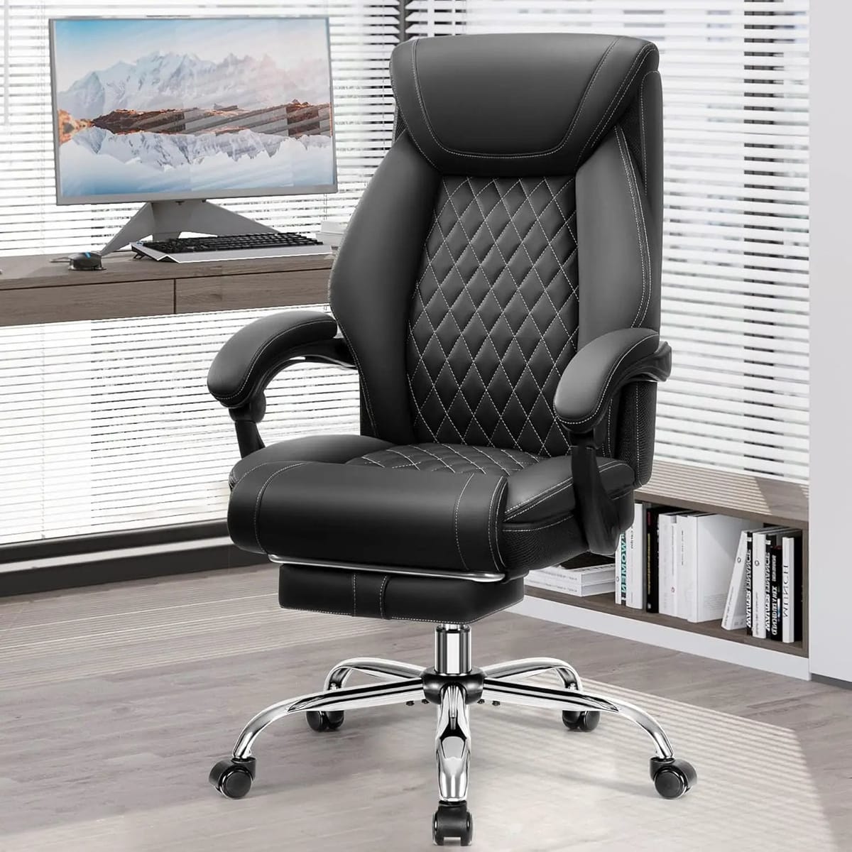 BestGlory ergonomic big and tall office chair with high back, breathable leather, lumbar support, flip-up armrests, and rocking function.