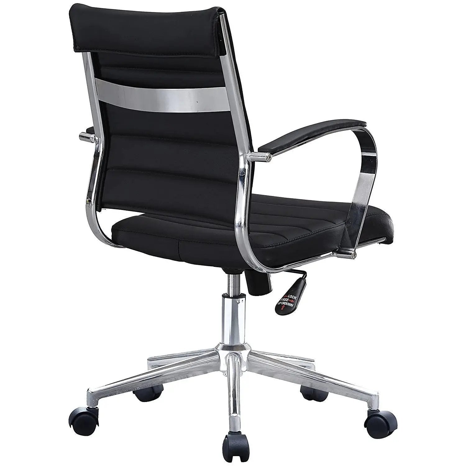 Black Office Chairs Mid Back Ribbed PU Leather Executive Task Work Conference with Arms Wheels Tilt Swivel Rolling