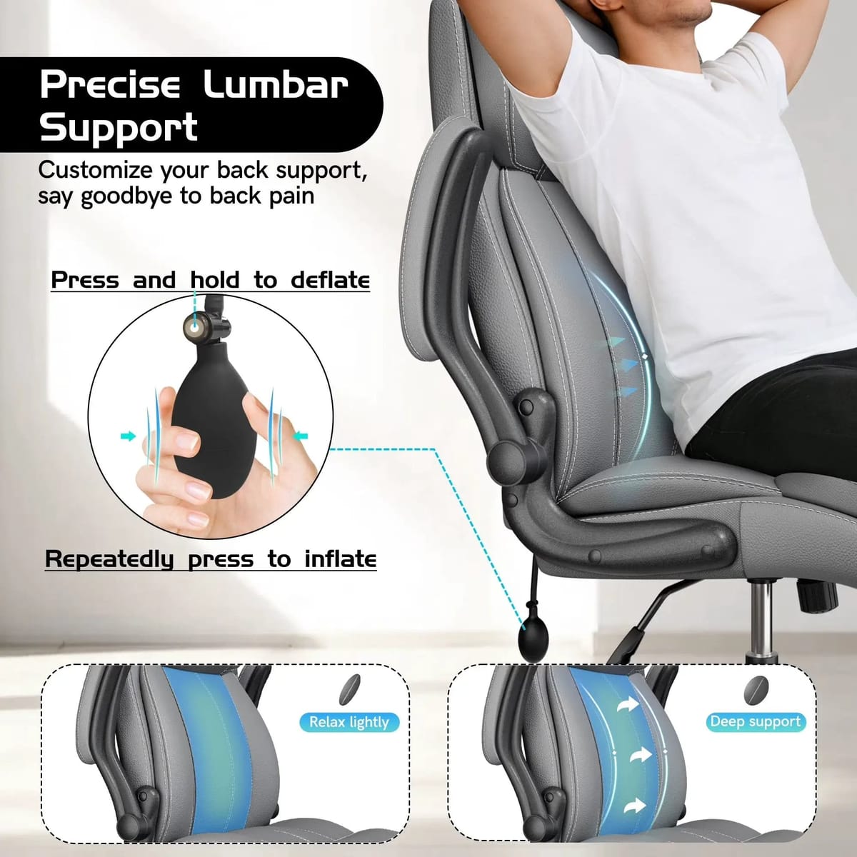 Coolhut Big and Tall office chair with adjustable lumbar support, padded flip-up arms, high back, light gray, heavy-duty design.