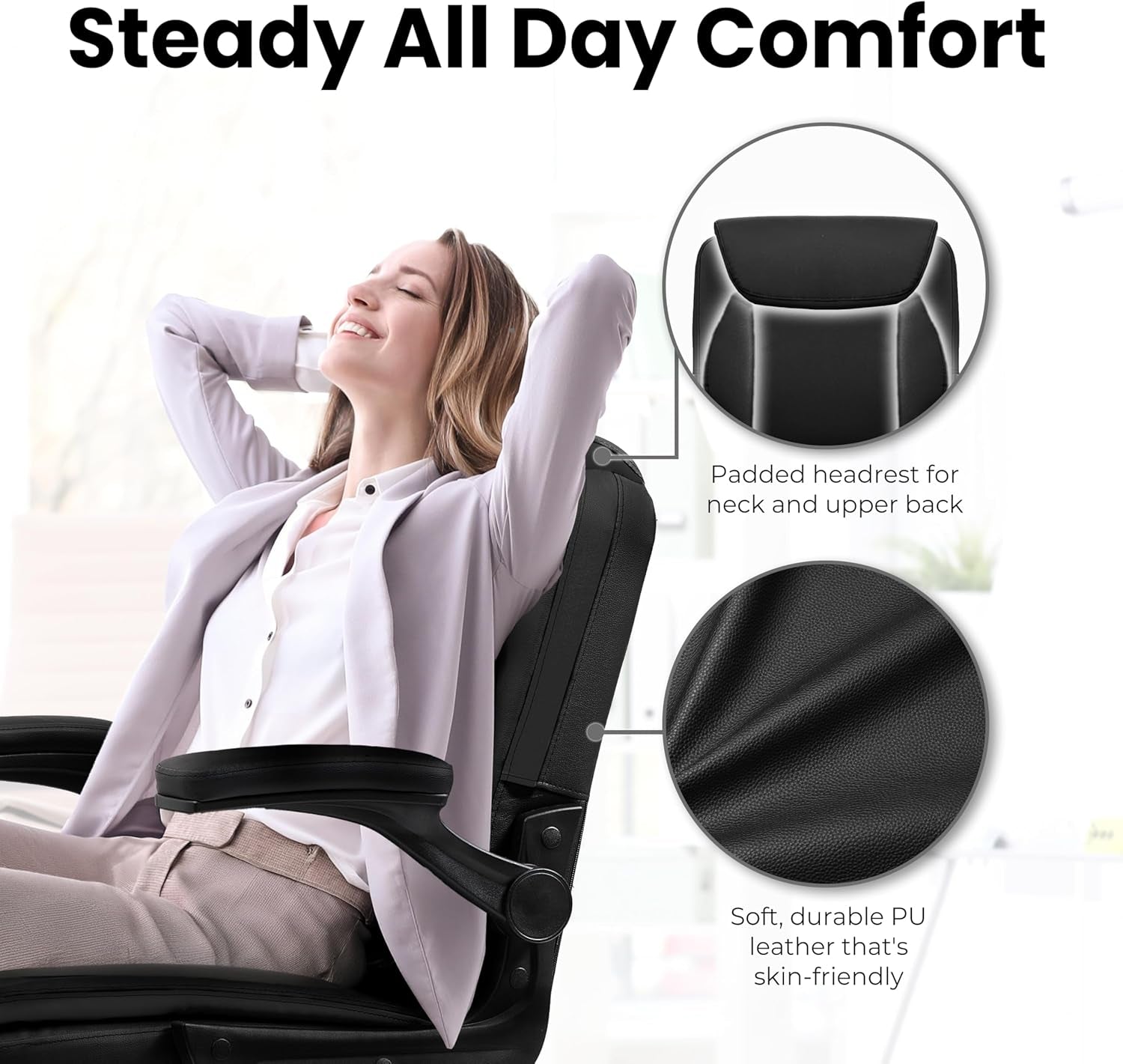 NEO CHAIR PU Leather Office Desk Chair with Adjustable Arms, All Black