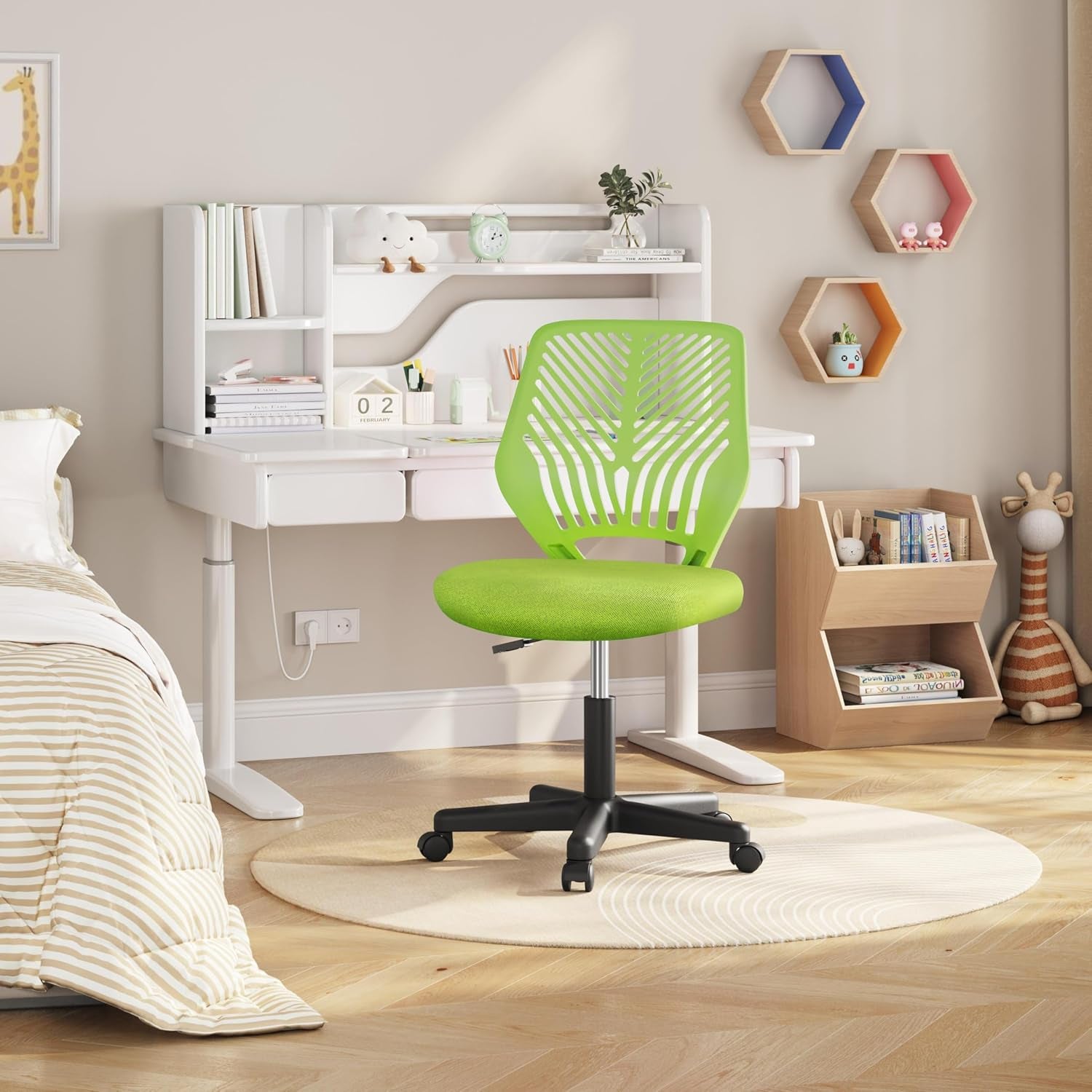Yaheetech Small Desk Chair, Armless Adjustable Swivel Seat, Green | Padded Mesh Seat and Ventilated Resin Back, Compact Armless Frame Rolls and Adjusts for Study and Small Desks, Holds 300 Lb.