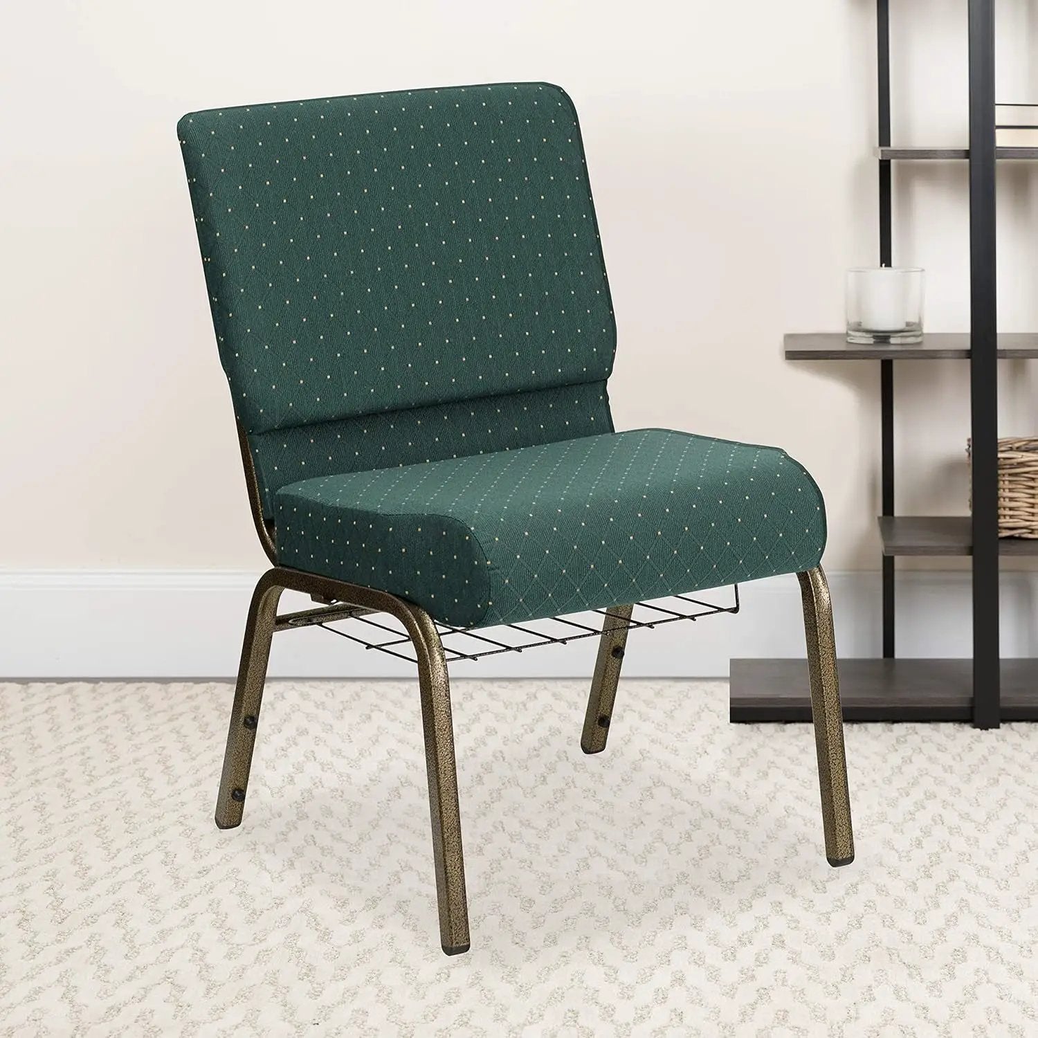 Flash Furniture 4 Pack HERCULES Series 21''W Church Chair in Hunter Green Dot Patterned Fabric with Book Rack - Gold Vein Frame by 5 years limited.
