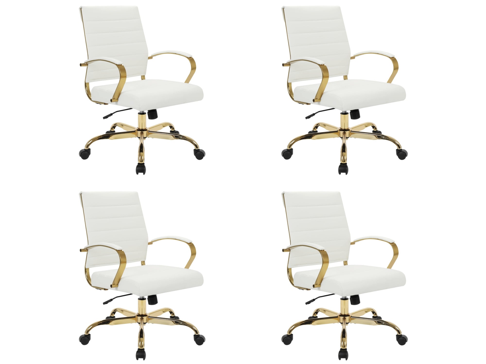 White leather swivel office chairs, gold accent frame, set of 4