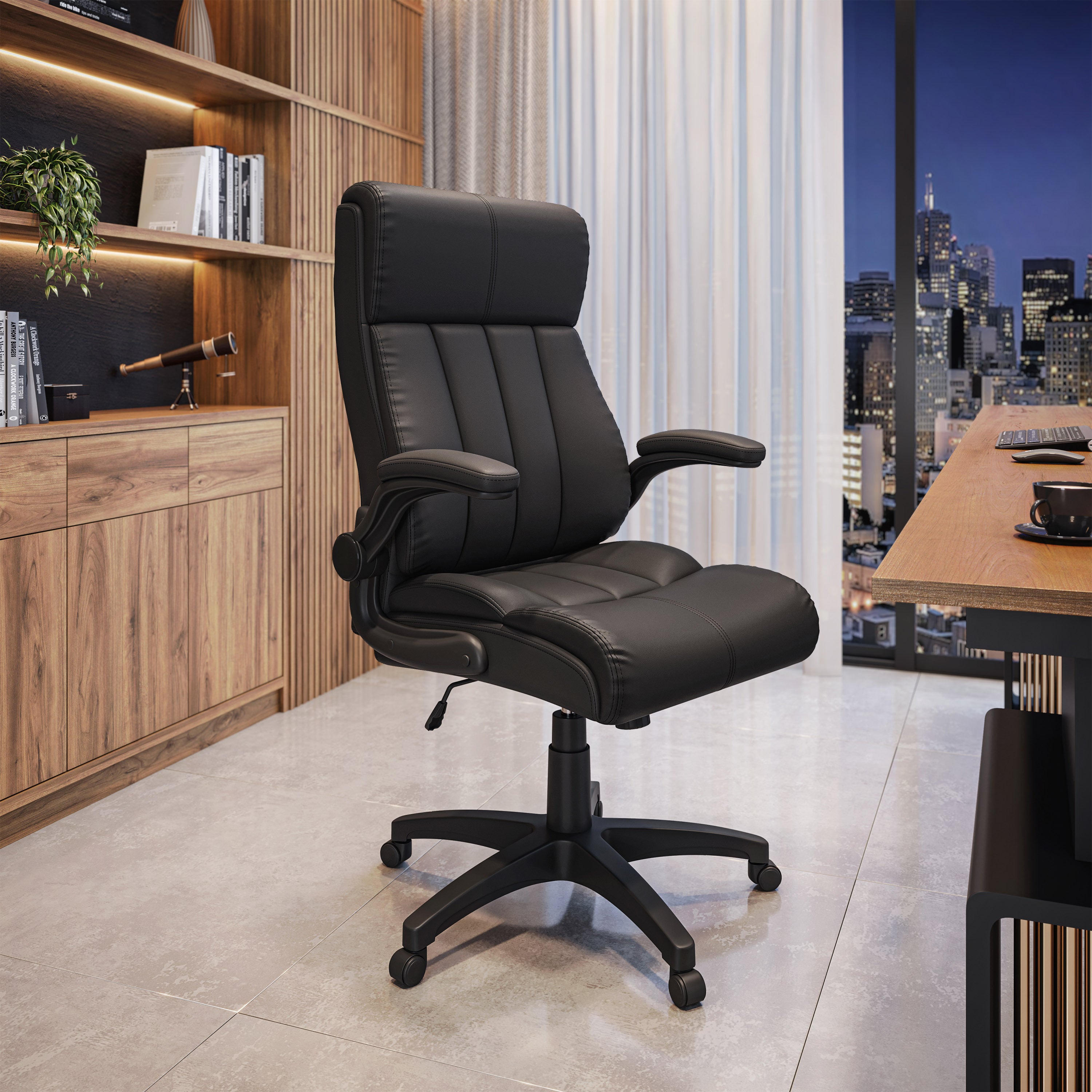 Medium Back Executive Office Chair Black Faux Leather with Flip Up Padded Armrests, Height Adjustable Tilt Lock and 5 Star Nylon Base