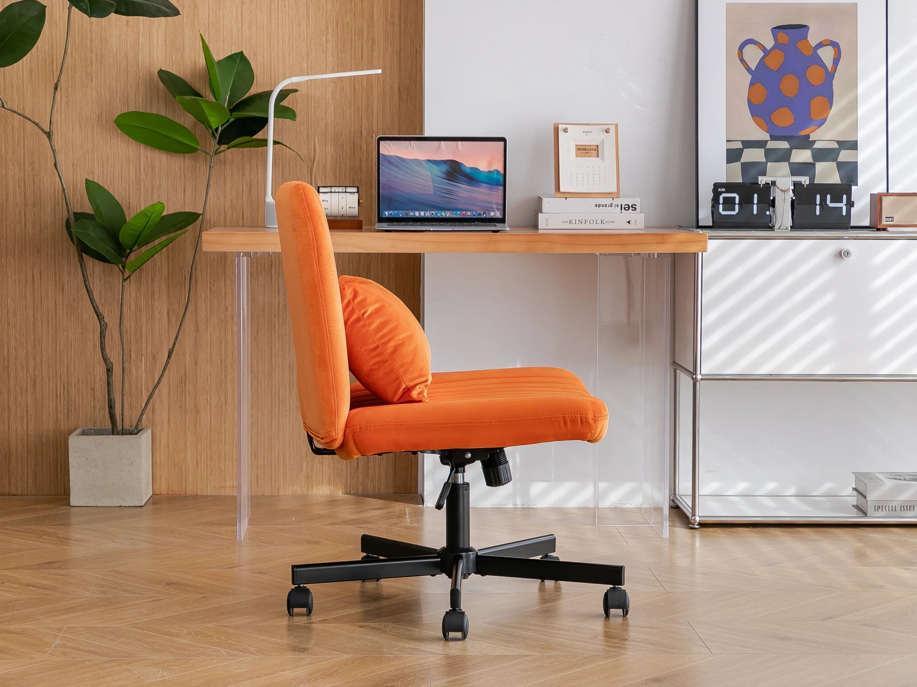 Orange Velvet Criss Cross Armless Office Chair With Wheels
