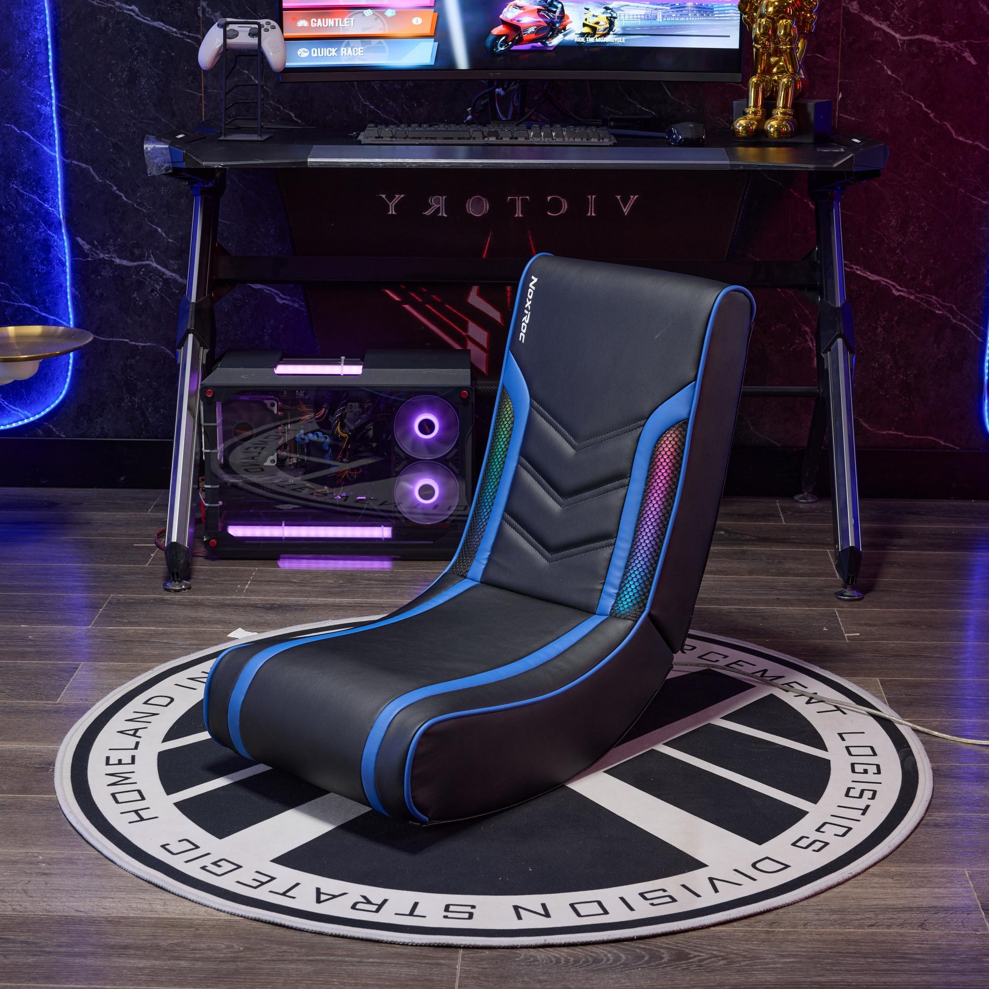 Foldable PU Leather Gaming Floor Rocker Chair RGB LED Black Blue