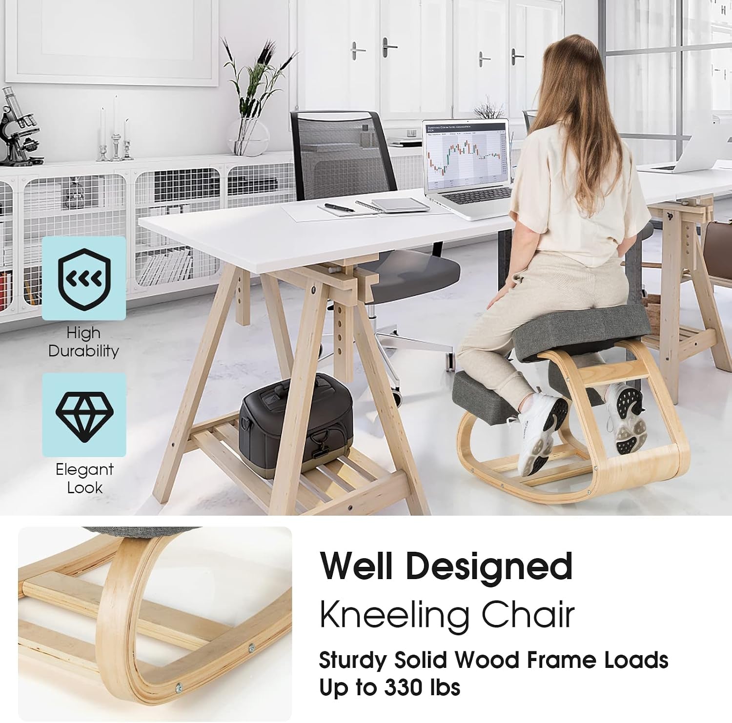 Giantex Kneeling Chair, Wood Posture Chair, Max Load 330 Lbs, Rocking Knee Chair with Soft Cushion, Natural Relief for Back, Shoulder or Neck Pain, Ergonomic Kneeling Chair for Office Home