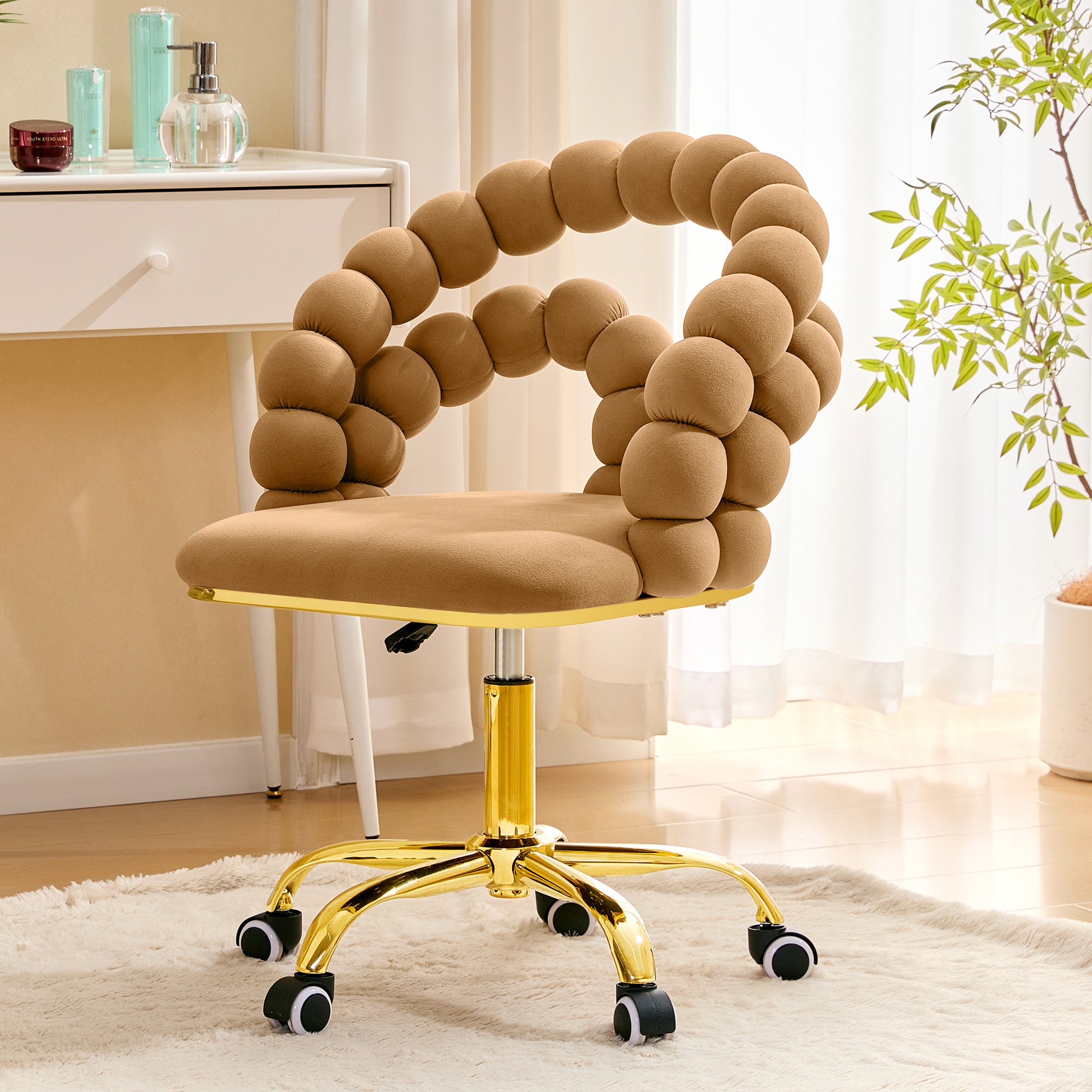 Brown Velvet Ball Chain Bubble Vanity Chair with Gold Base, 360 Degree Swivel Height Adjustable Accent Chair for Bedroom, Makeup Vanity and Home Office - Platinum-Level Office Chairs