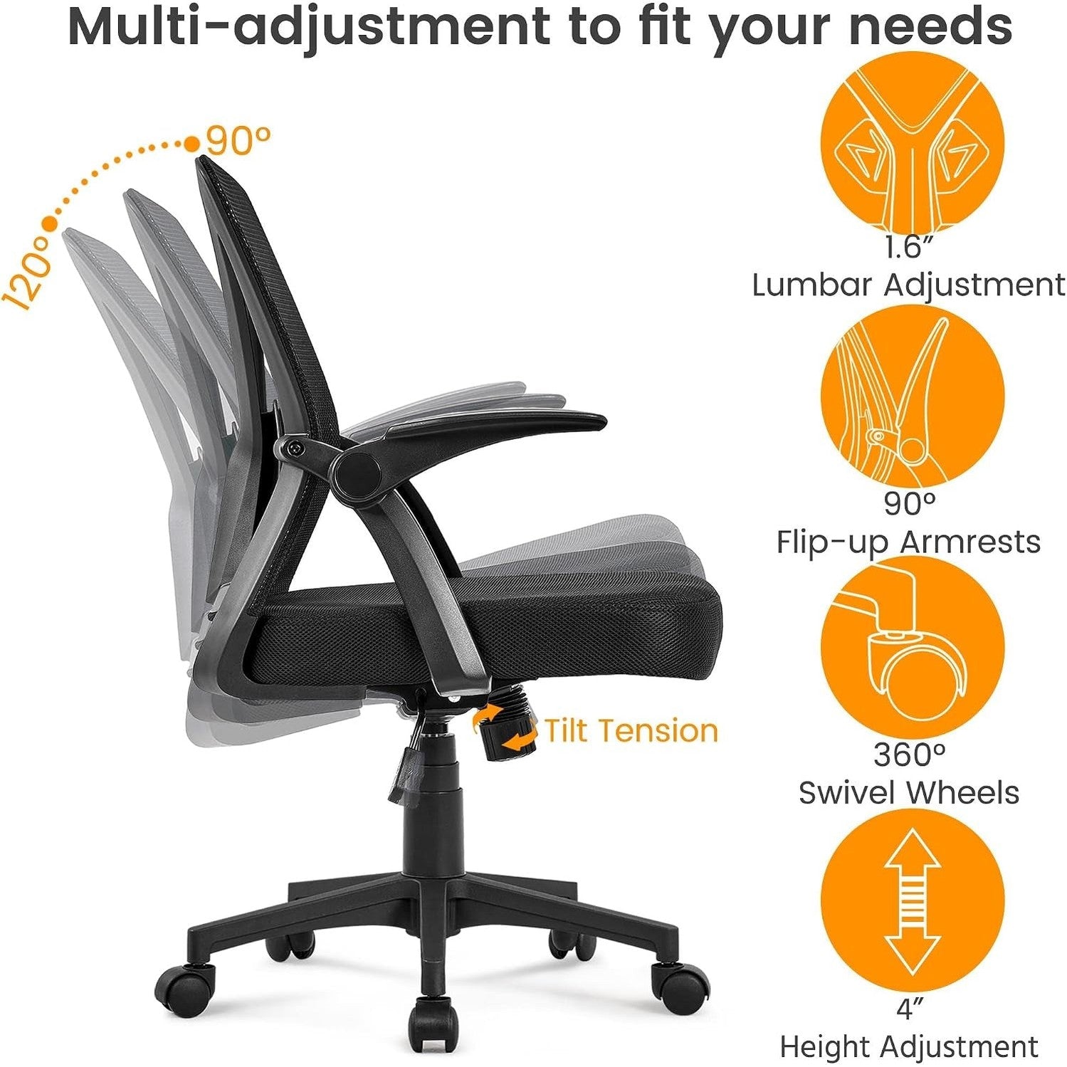 Yaheetech Mid-Back Mesh Task Office Desk Chair with Flip-Up Arms, Black | Breathable Mesh Back and Foam-Padded Seat for All-Day Comfort; Sturdy Metal Frame, Height Adjustable, and Easy to Assemble