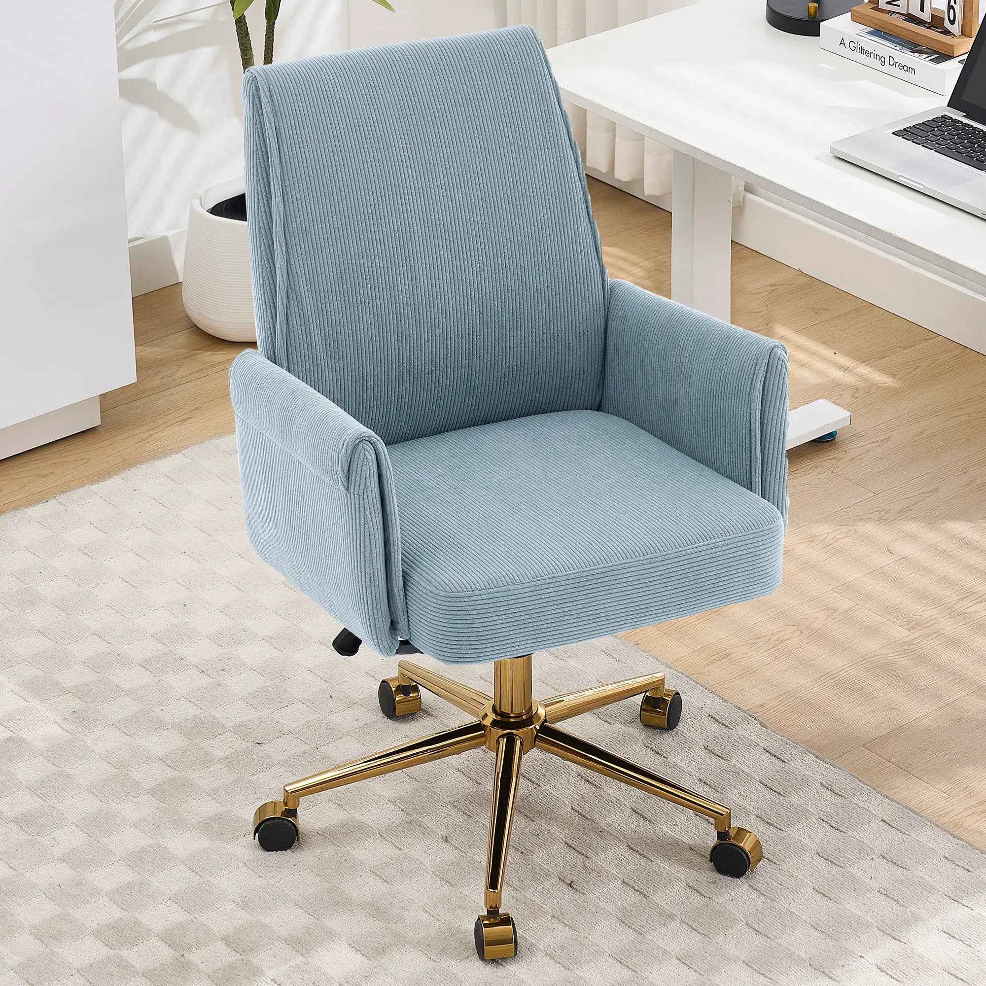 Blue Corduroy Ergonomic Office Chair with Golden Base for Comfort