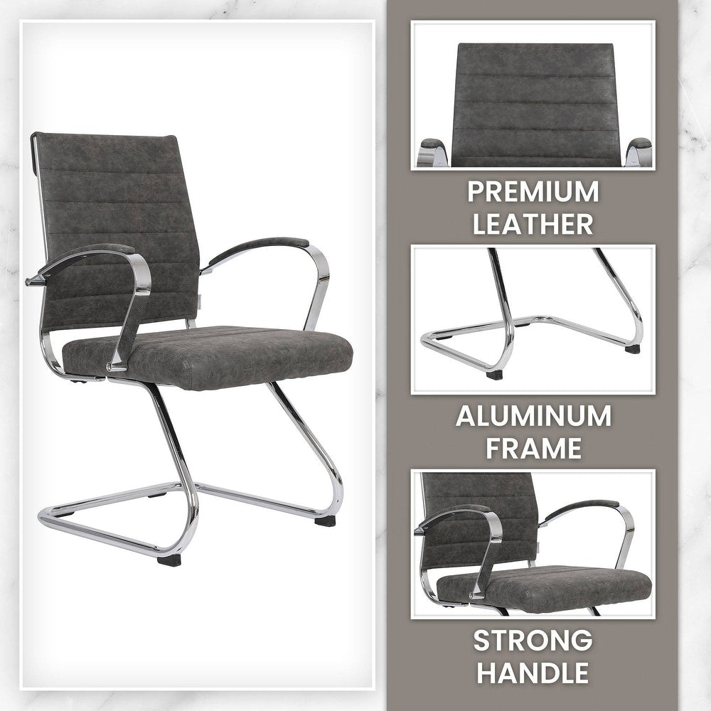 24 PCS Benmar Leather Upholstered Computer Office Chair with Sled Base, Padded Armrests for Home or Office - Charcoal