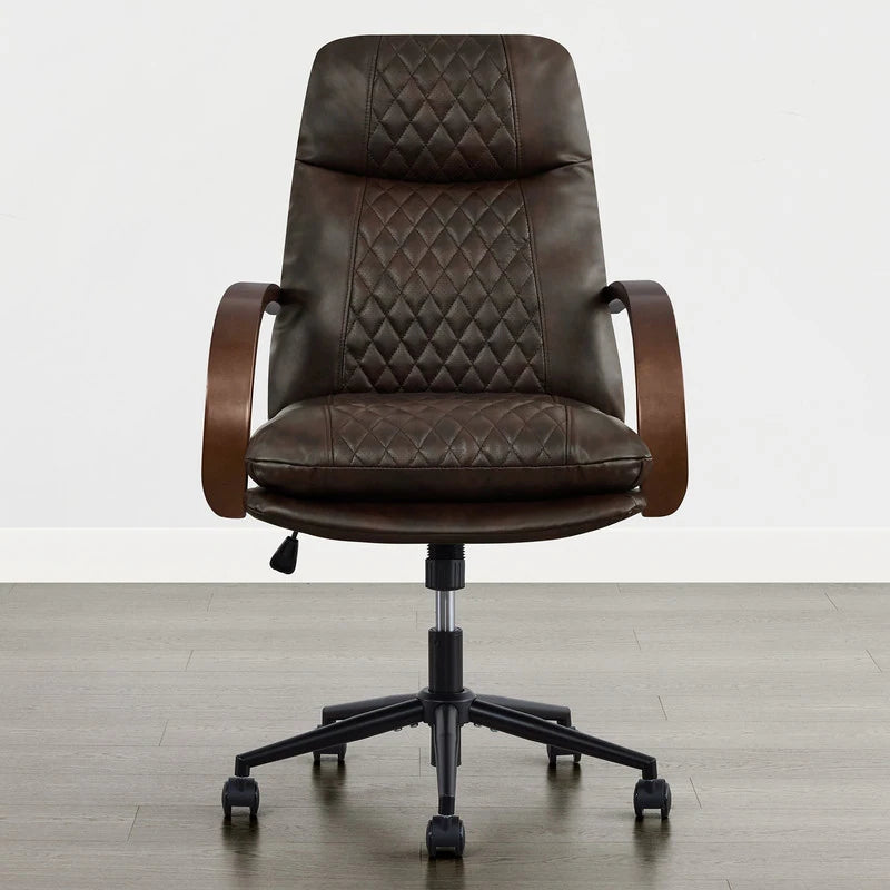 Upholstered Swivel Office Chair with Wood Arms