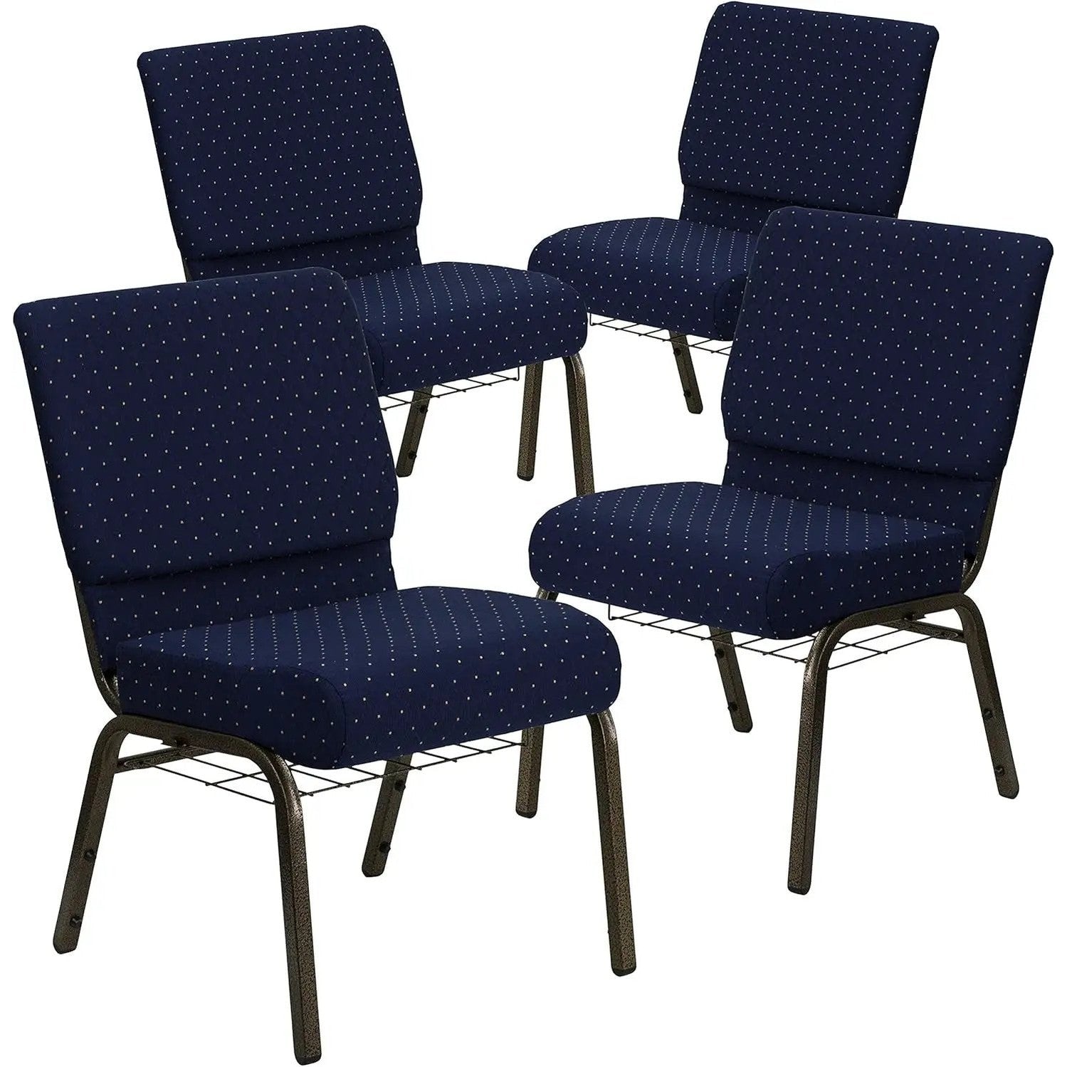 Flash Furniture 4 Pack HERCULES Series 21''W Church Chair in Navy Blue Dot Patterned Fabric with Book Rack - Gold Vein Frame by 5 years limited.