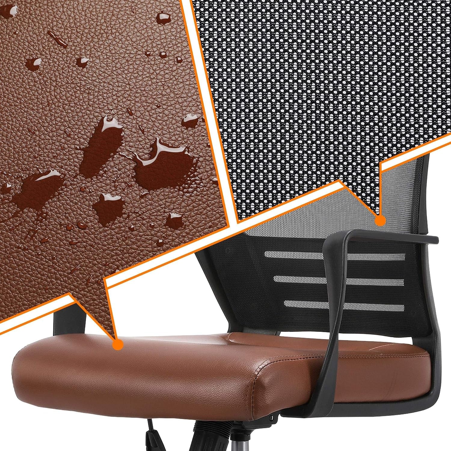 Yaheetech Ergonomic Home Office Chair Leather and Mesh Combine Desk Chair Rolling Swivel Adjustable Mesh Chair with Lumbar Support and Armrests for Office and Home, Brown | Breathable Mesh Back and Padded PU Leather Seat Keep You Comfortable All Day, with Quick Assembly and Sturdy 265 Lb Support.