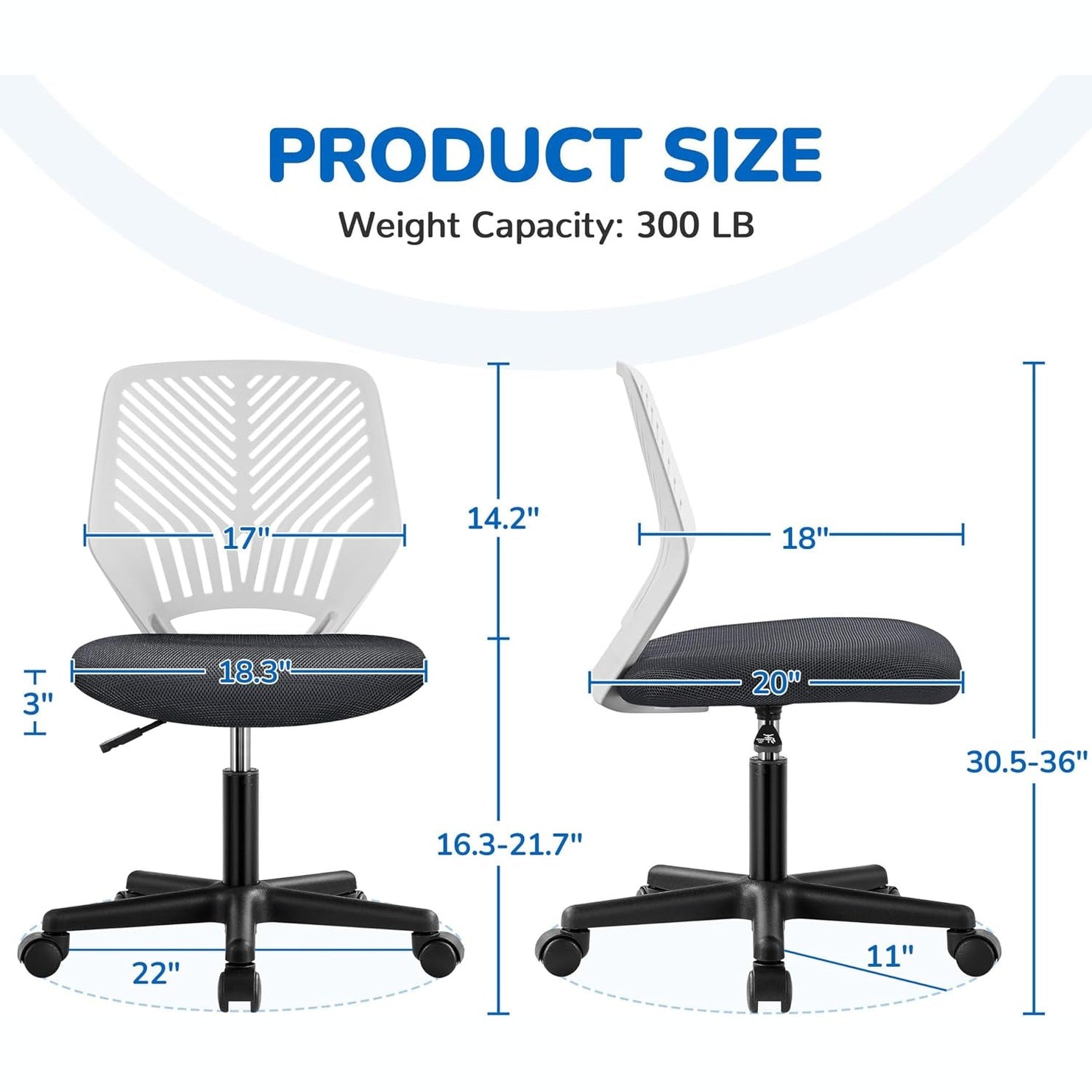 Yaheetech Small Desk Chair, Armless Adjustable Swivel Seat, Dark Grey | Padded Mesh Seat and Ventilated Resin Back, Compact Armless Frame Rolls and Adjusts for Study and Small Desks, Holds 300 Lb.