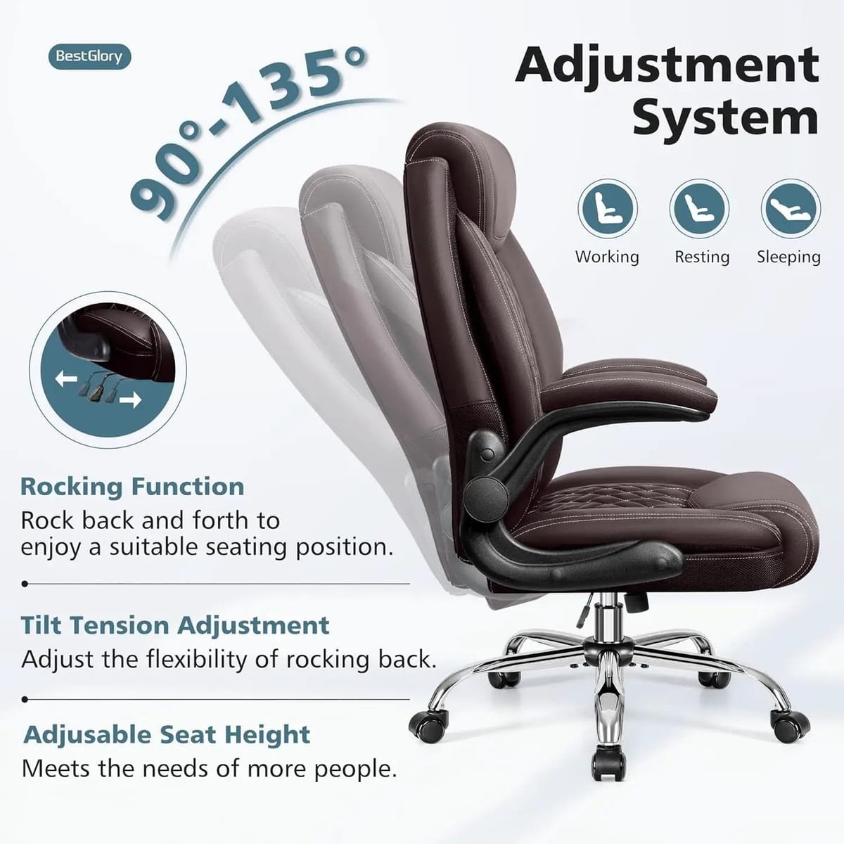 BestGlory ergonomic high-back office chair with breathable leather, lumbar support, flip-up armrests, and rocking function for big and tall users.