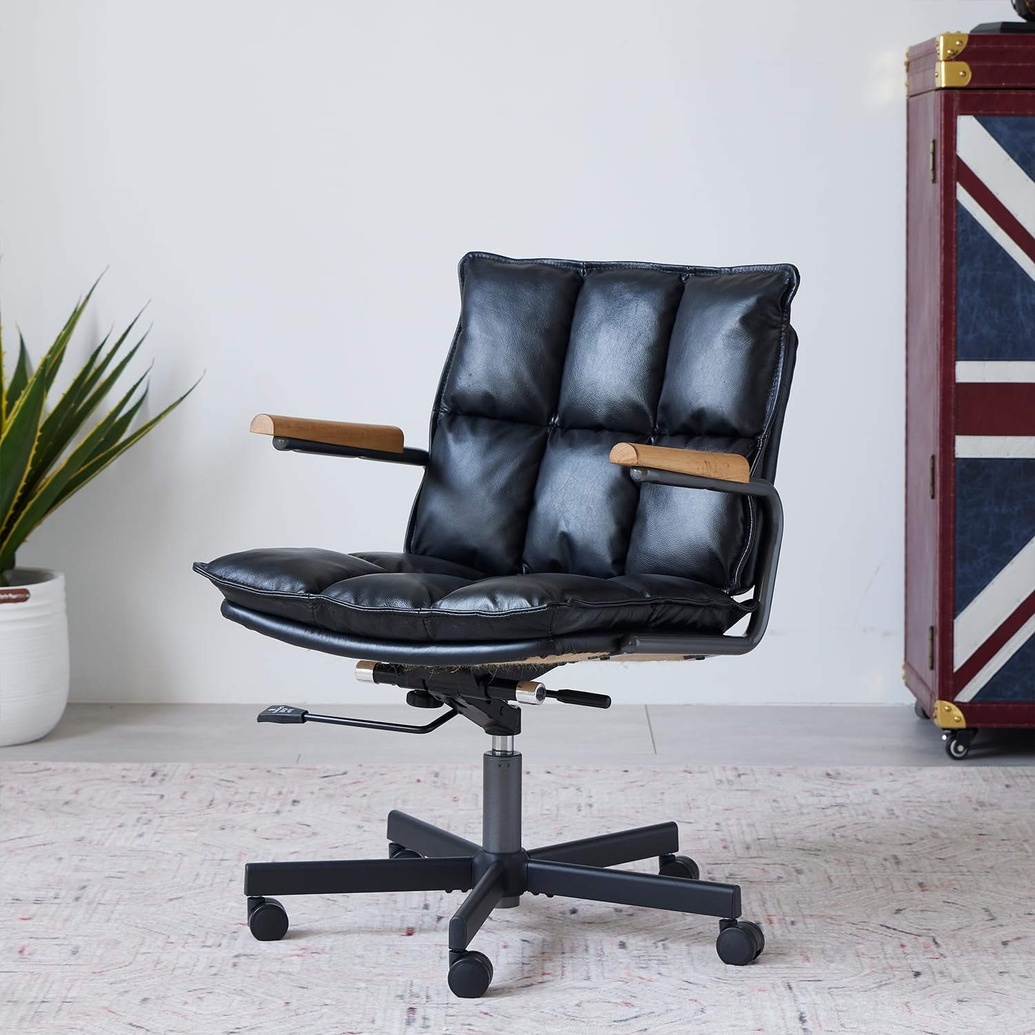 Home Office Desk Chair, Leather Ergonomic Computer Chair with Wheels, Adjustable Height Rolling Swivel Executive Chair, Camel Brown