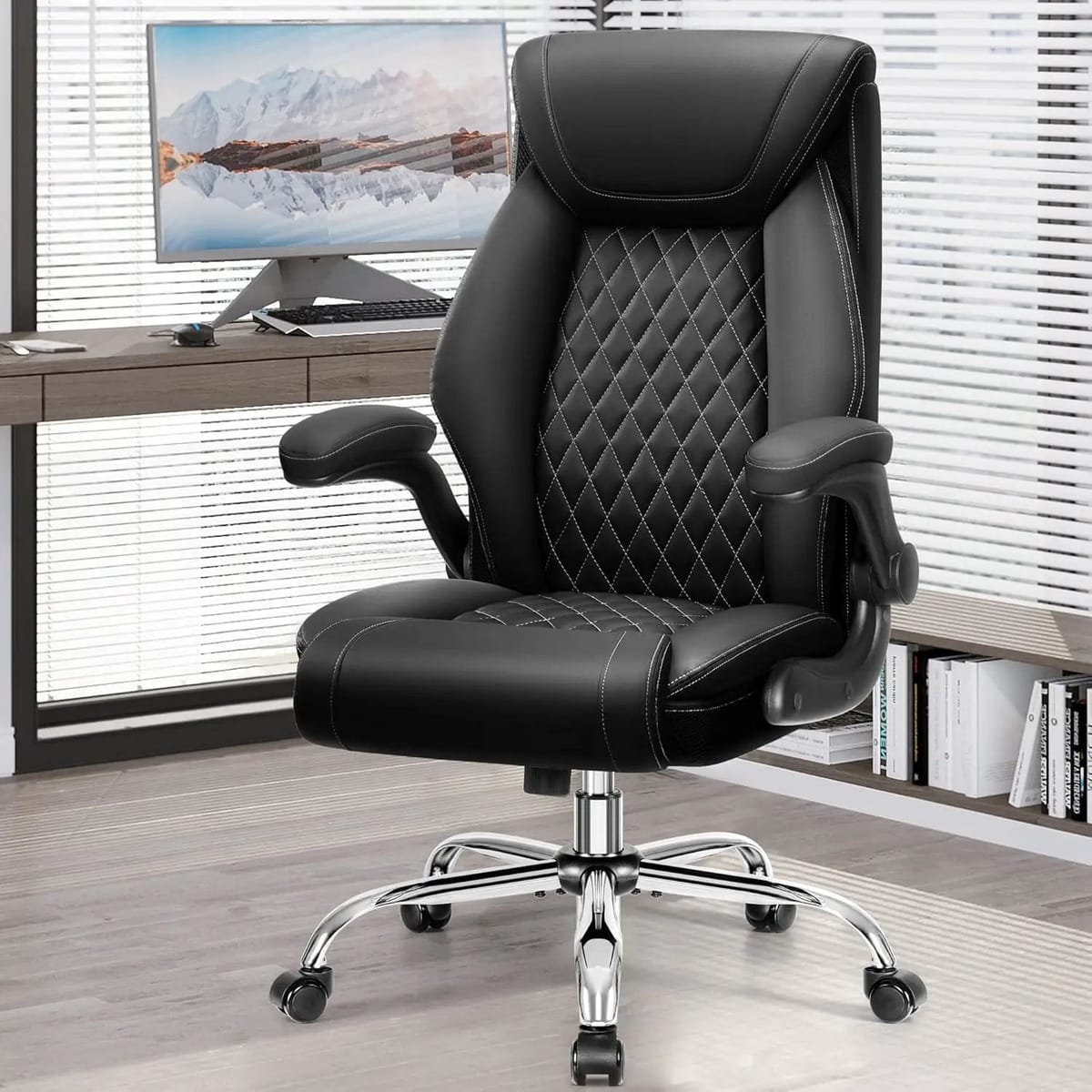 BestGlory ergonomic high back big and tall leather office chair with lumbar support, flip-up armrests, and rocking function.