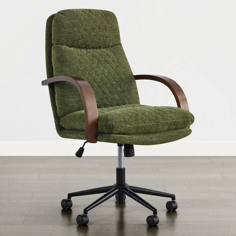 Upholstered Swivel Office Chair with Wood Arms