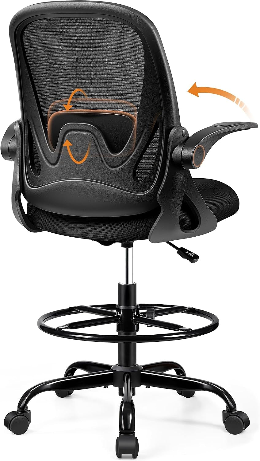 Primy Drafting Chair Tall Office Chair with Flip-Up Armrests Executive Ergonomic Computer Standing Desk Chair with Lumbar Support and Adjustable Footrest Ring（Blue）