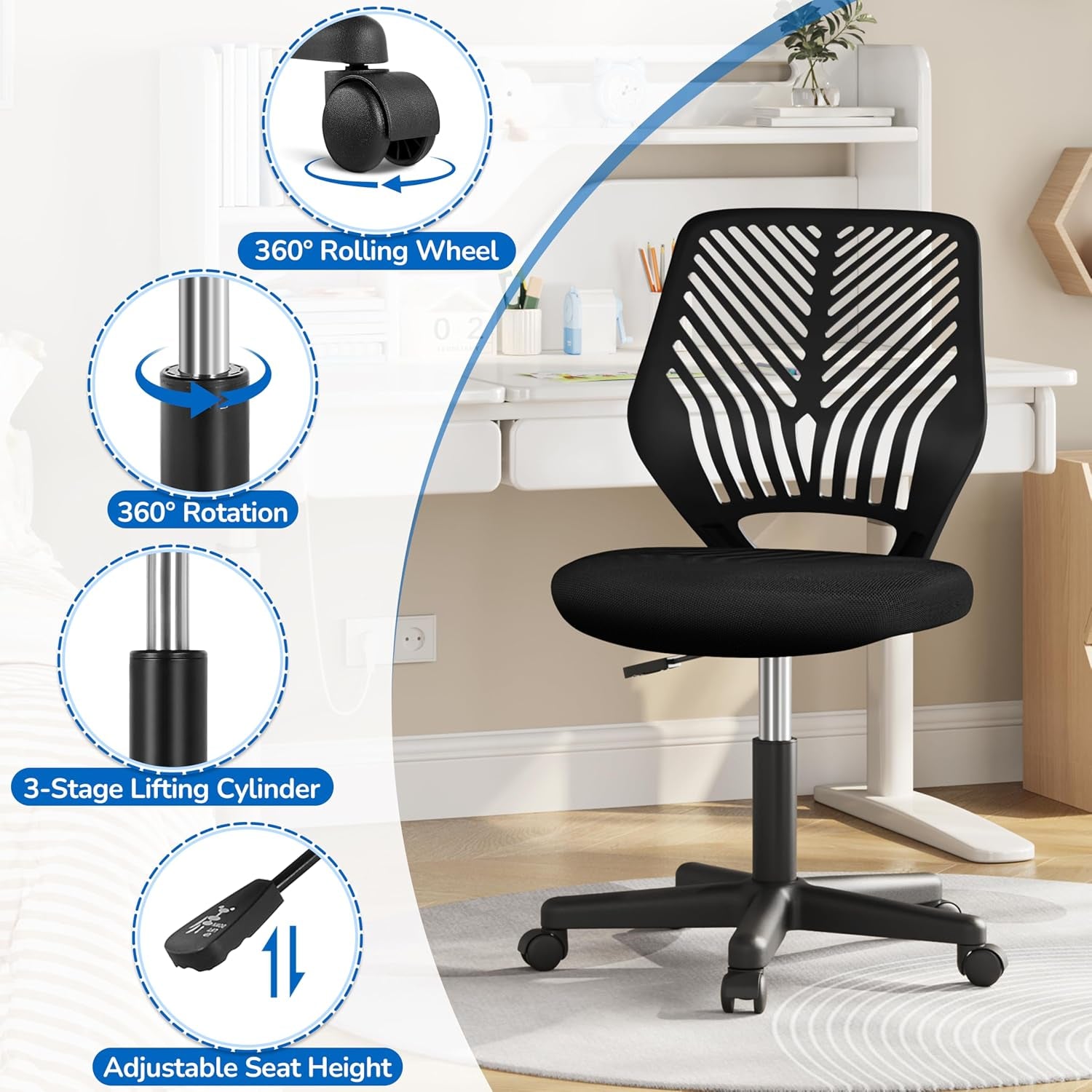 Yaheetech Small Desk Chair, Armless Adjustable Swivel Seat, Black | Padded Mesh Seat and Ventilated Resin Back, Compact Armless Frame Rolls and Adjusts for Study and Small Desks, Holds 300 Lb.
