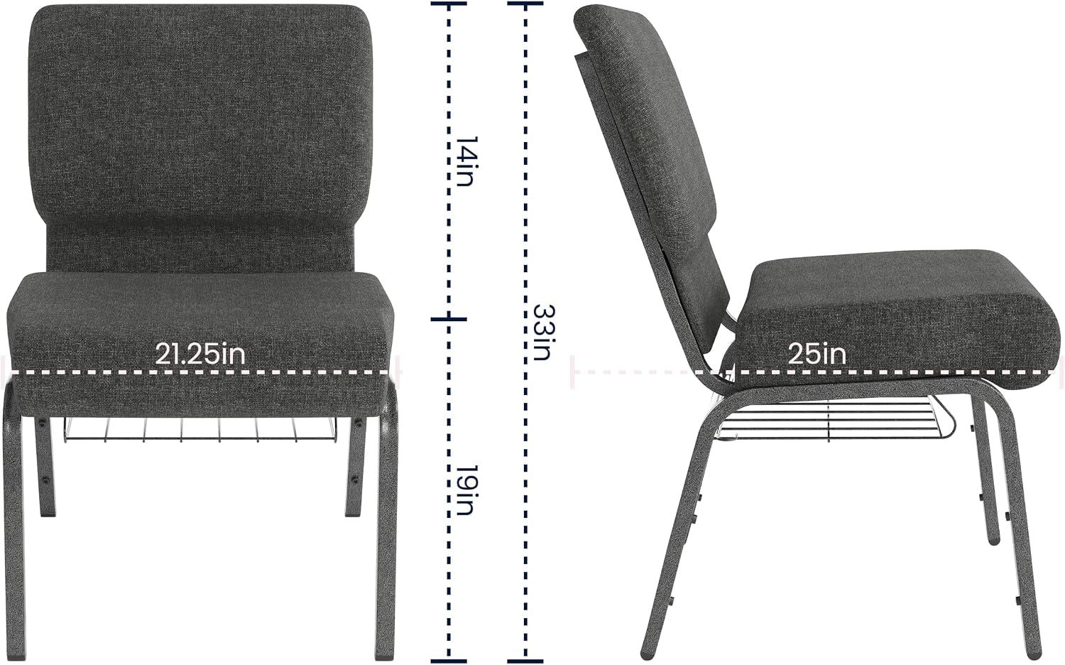 Flash Furniture HERCULES Series 21''W Church Chair in Dark Gray Fabric with Book Rack - Silver Vein Frame