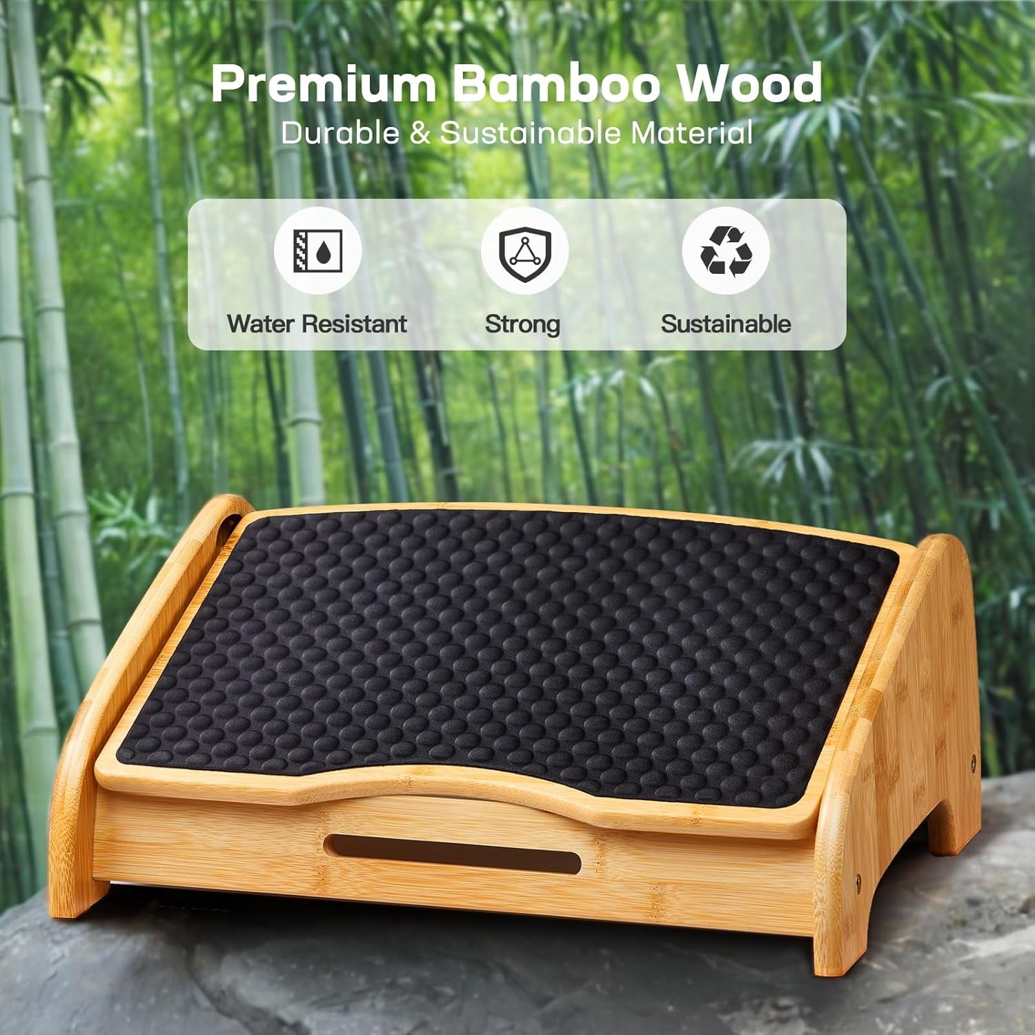 HUANUO Bamboo under Desk Footrest with 4 Heights and Massage Texture | Adjustable Angles, Non-Slip Pads, Triangular Bamboo Frame, Ergonomic Foot Rest for Home Office, Water-Resistant Surface