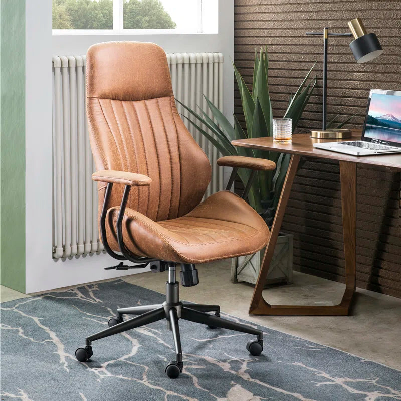 Albaugh Ergonomic Office Chair, High Back Swivel Rolling Executive Chair, Mid-Century Faux Lether with Lumbar Support, Large Computer Desk Task Chair with Suede Fabric for Home