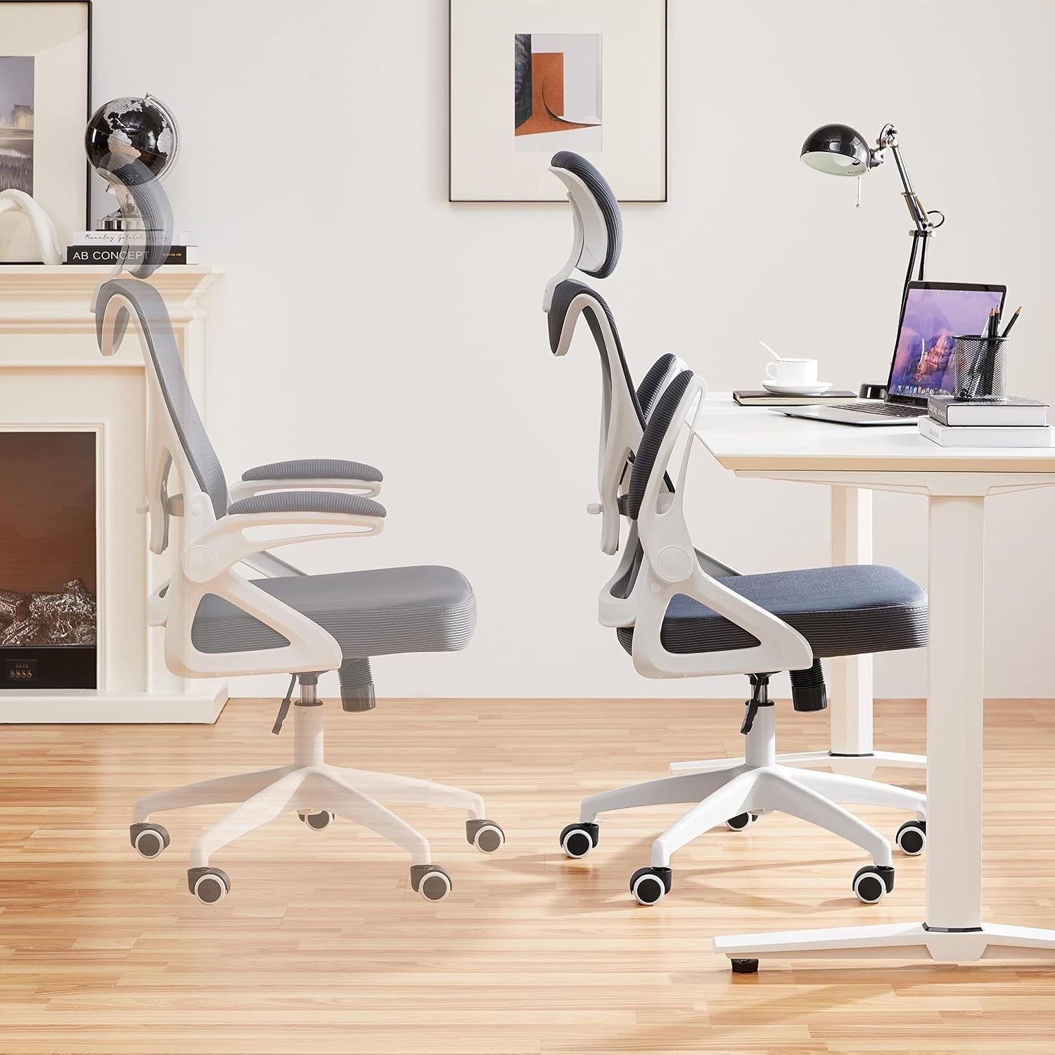 Yaheetech Ergonomic Office Chair with Headrest, Lumbar Support, White/Gray | Breathable Mesh High-Back Adjustable Headrest, Padded Seat, and Flip-Up Armrests Supports Your Back and Neck, Holds 300Lb