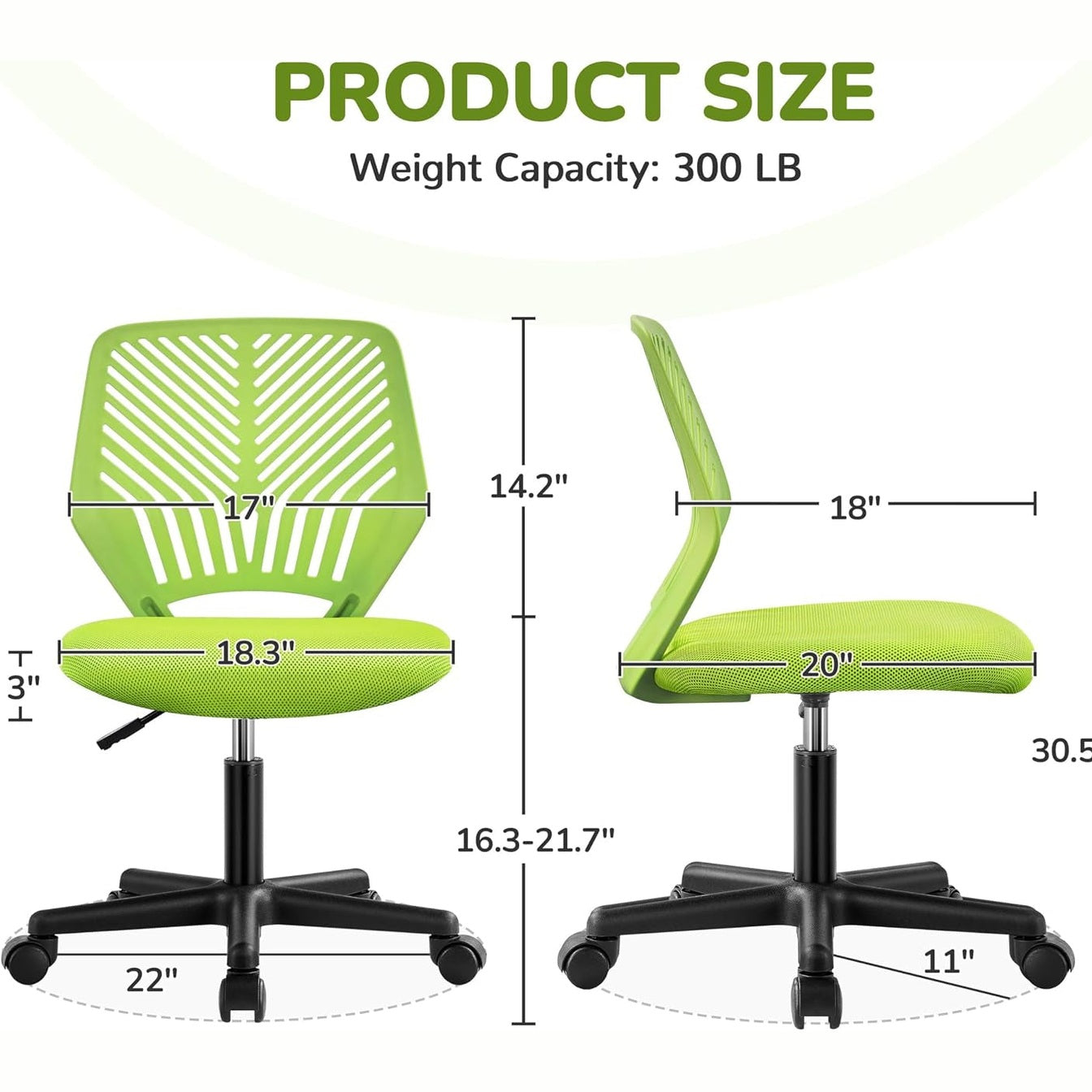 Yaheetech Small Desk Chair, Armless Adjustable Swivel Seat, Green | Padded Mesh Seat and Ventilated Resin Back, Compact Armless Frame Rolls and Adjusts for Study and Small Desks, Holds 300 Lb.