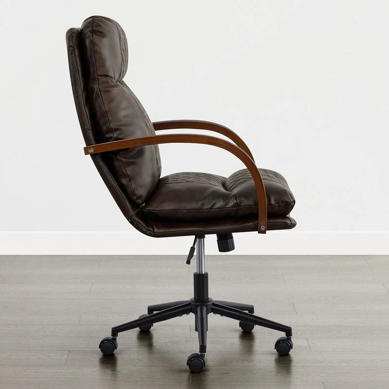 Upholstered Swivel Office Chair with Wood Arms