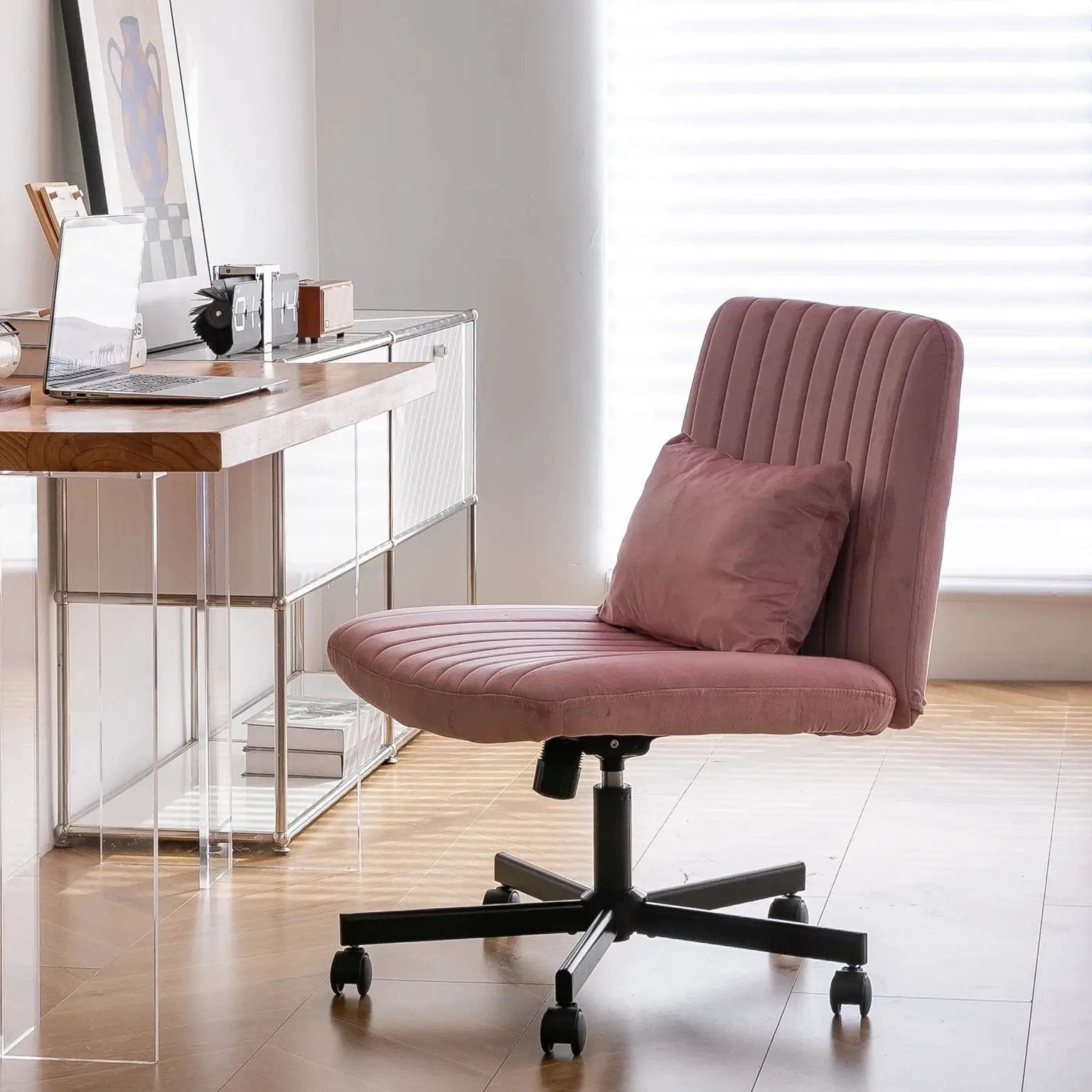 Light Pink Velvet Criss Cross Armless Office Chair With Wheels Makeup by Platinum-Level Office Chairs