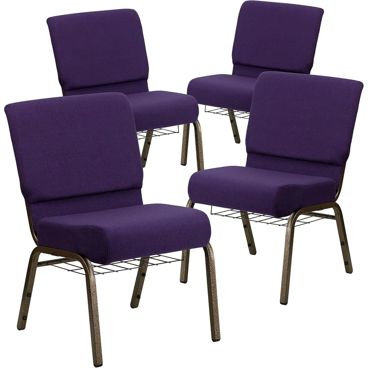 Flash Furniture 4 Pack HERCULES Series 21''W Church Chair in Royal Purple Fabric with Cup Book Rack - Gold Vein Frame by 5 years limited.