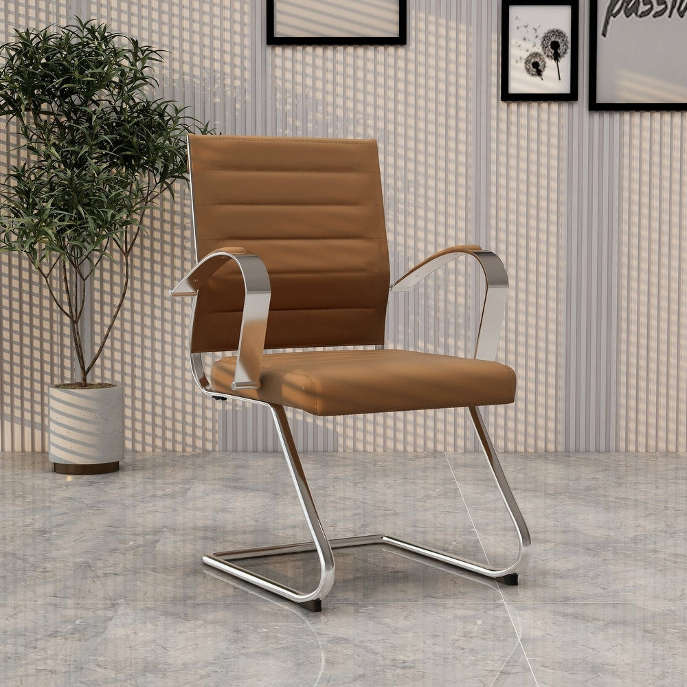 24 PCS Benmar Leather Upholstered Computer Office Chair with Sled Base, Padded Armrests for Home or Office - Light Brown