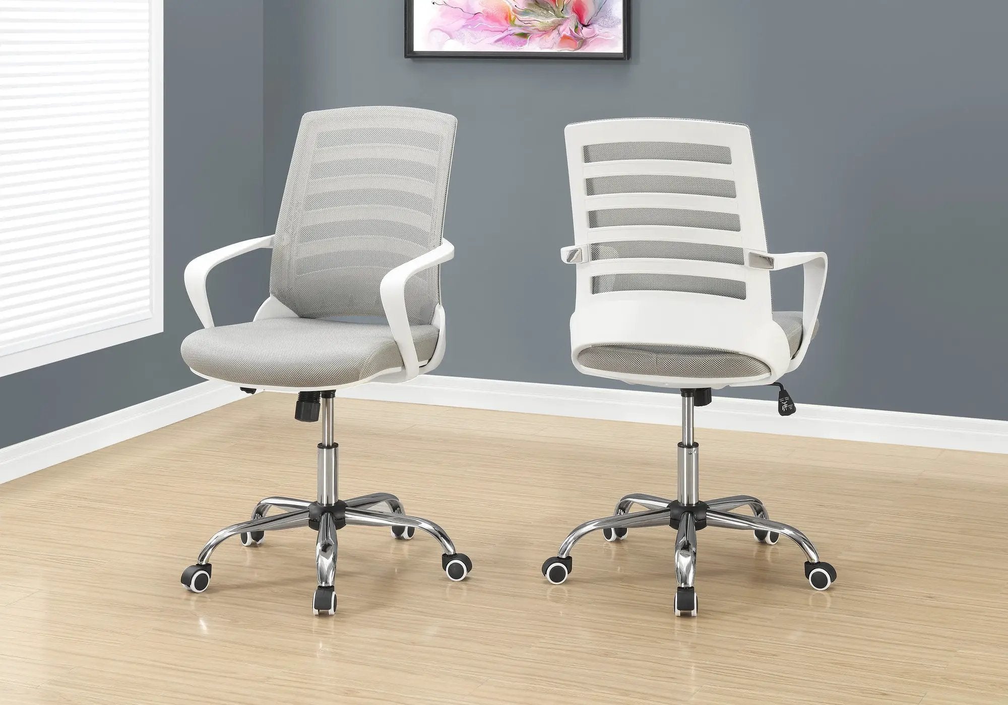 Office chairs, two white-framed chairs with grey mesh backs and fabric seats, chrome bases