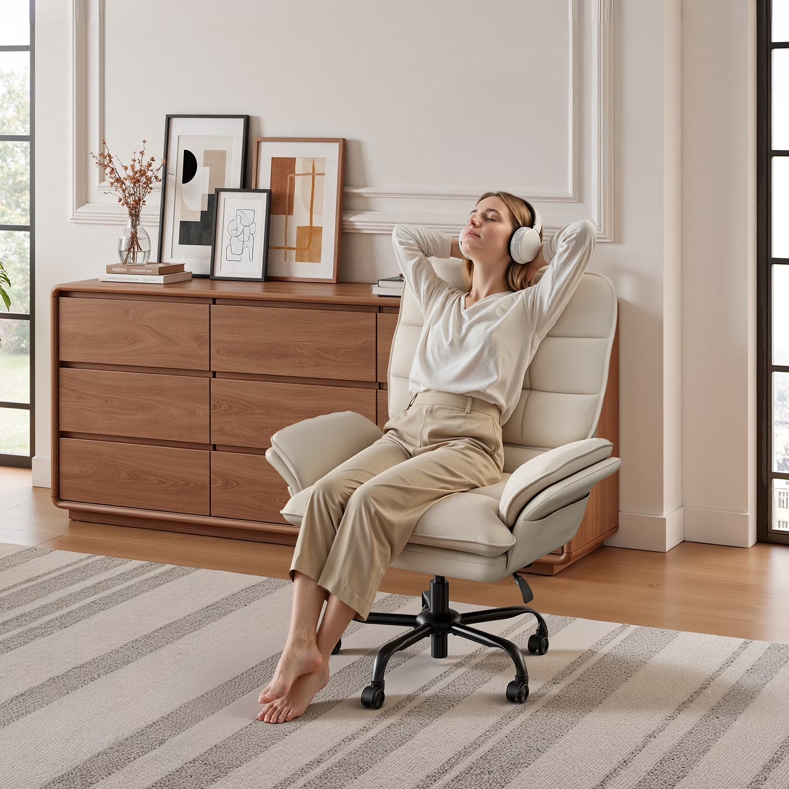 Bestier Big and Tall Ergonomic Office Chair with Flip-Up Arms, PU Leather High Back Executive Swivel Desk Chair with Side Pockets & Headrest , Height Adjustable Computer Chair for Home, Beige