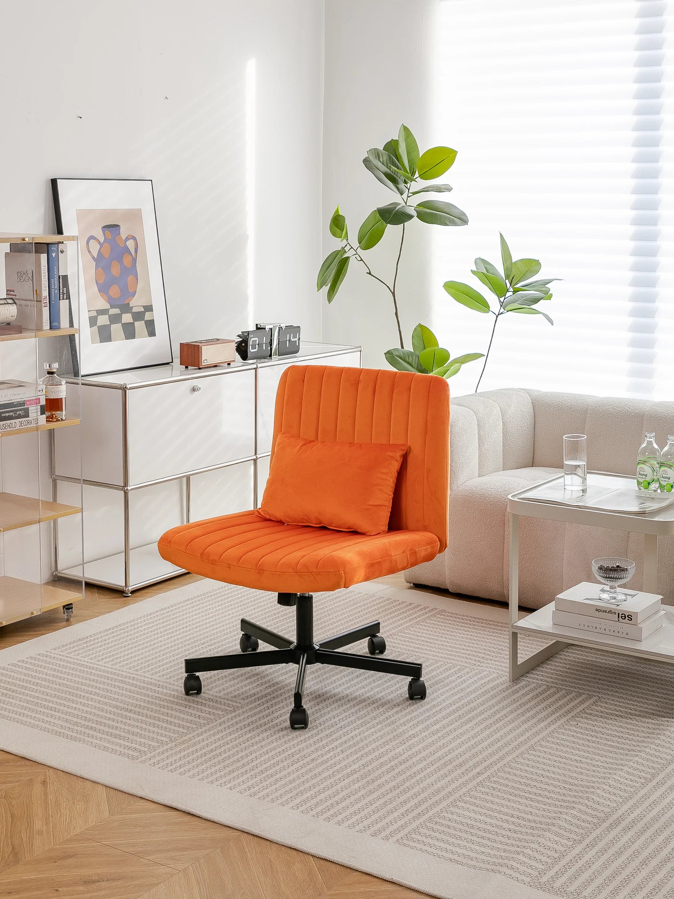 Orange Velvet Criss Cross Armless Office Chair With Wheels