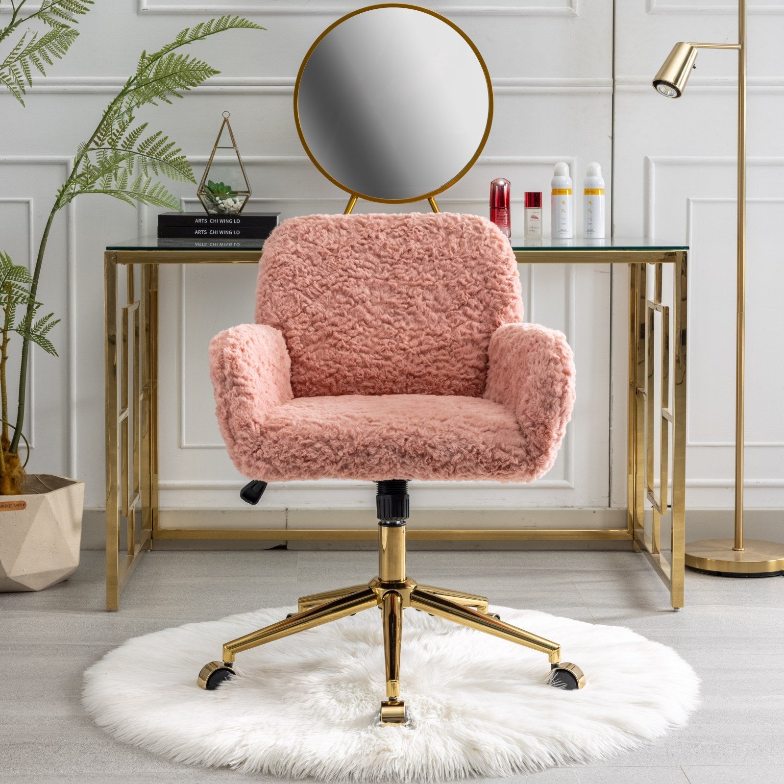 Pink Faux Rabbit Hair Vanity Chair, A&A Furniture Gold Base - Platinum-Level Office Chairs