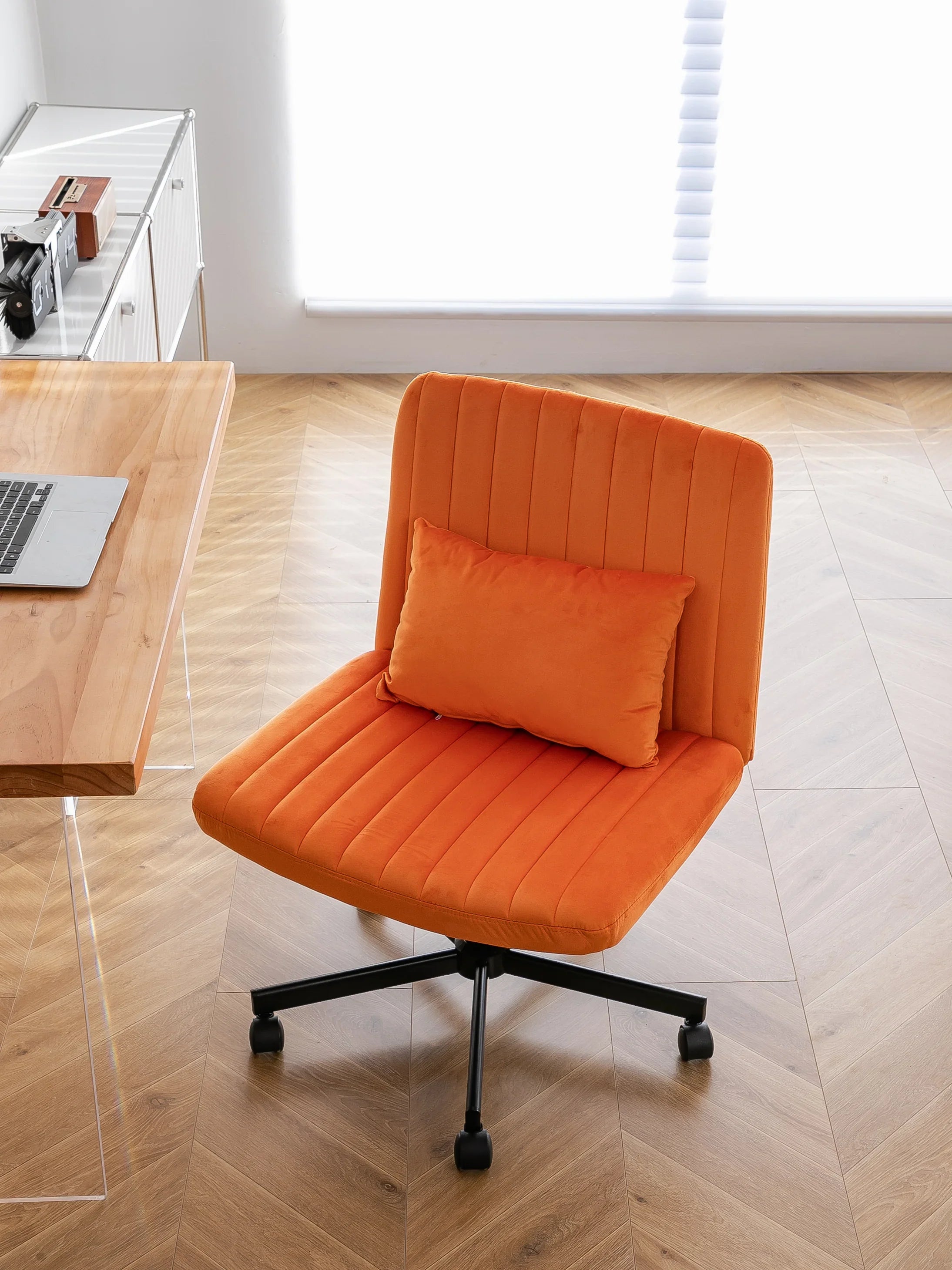 Orange Velvet Criss Cross Armless Office Chair With Wheels
