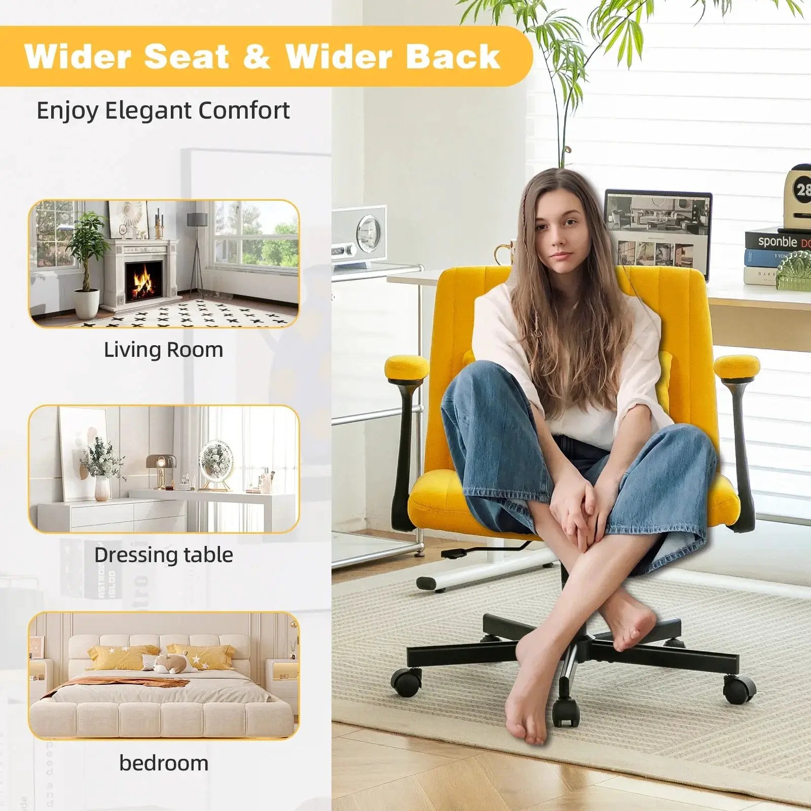 Yellow Linen Criss Cross Armrest Office Chair with Wheels - Ergonomic for Home Office, Work & Study by Platinum-Level Office Chairs