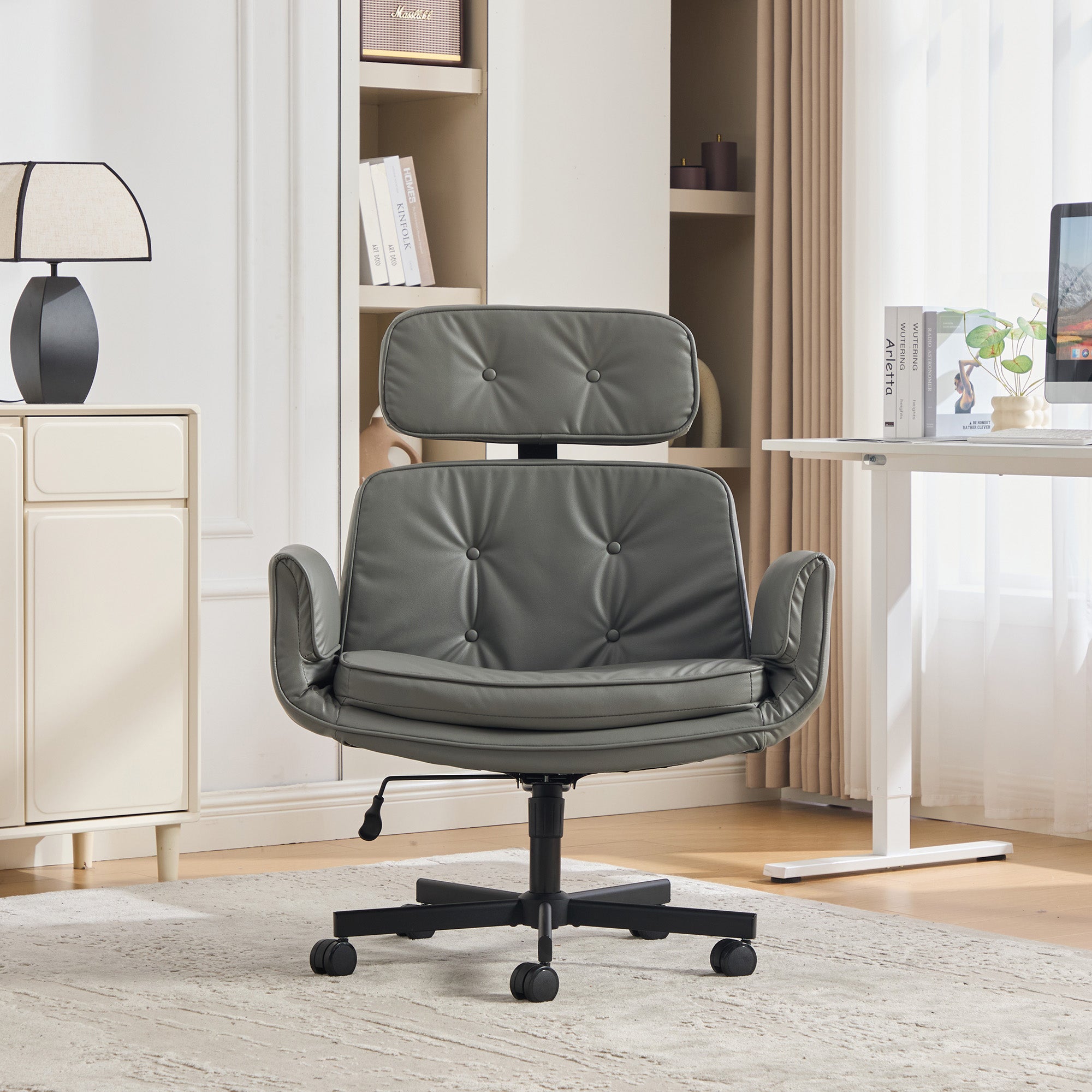 Grey PU Leather Criss Cross Chair with Armrests and Headrest